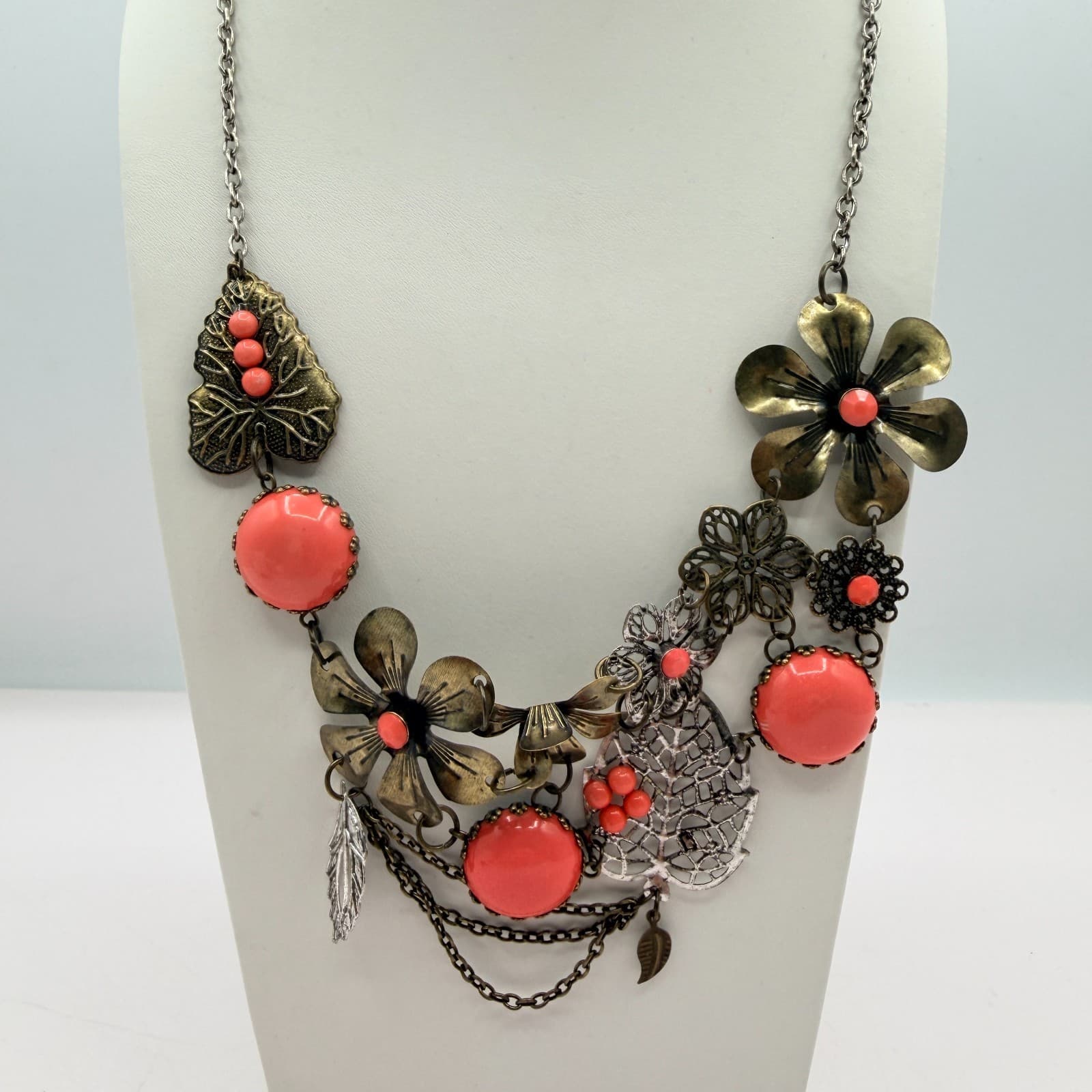 Vintage Bronze Tone Floral Bib Necklace Statement Orange Faux Coral Bead Boho - Thumbnail 2