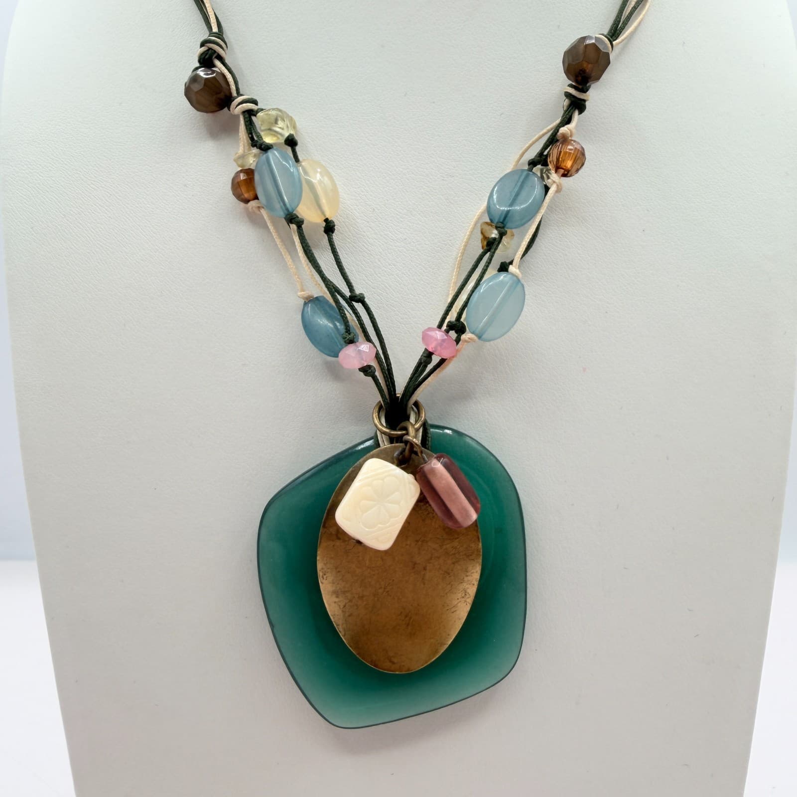 Vintage Gold Tone Seafoam Green Pendant Necklace Multi Strand Cord Beaded Boho - Thumbnail 4