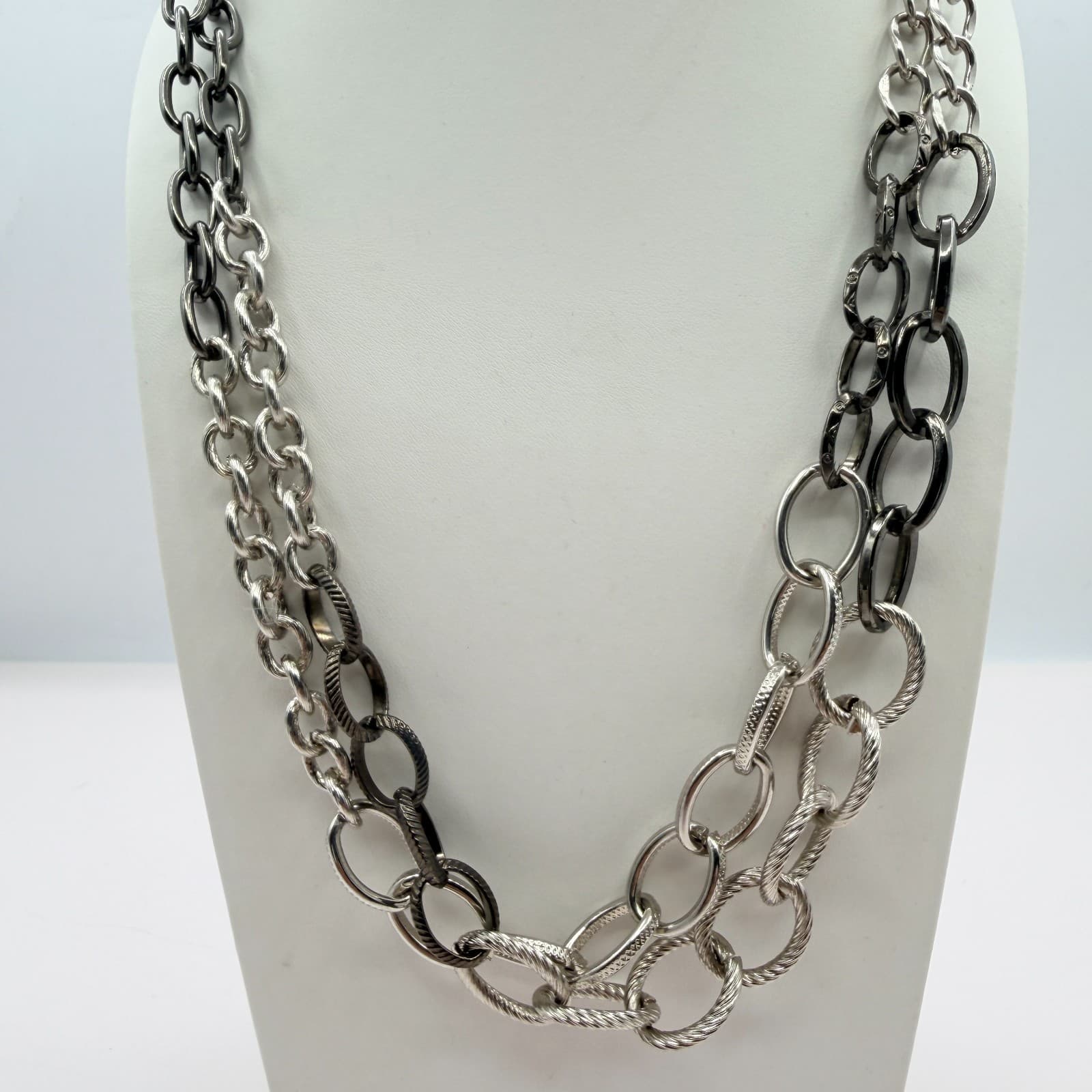 Vintage Silver Tone Two Tone Layered Multi Chain Necklace Textured Chunky Link - Thumbnail 7