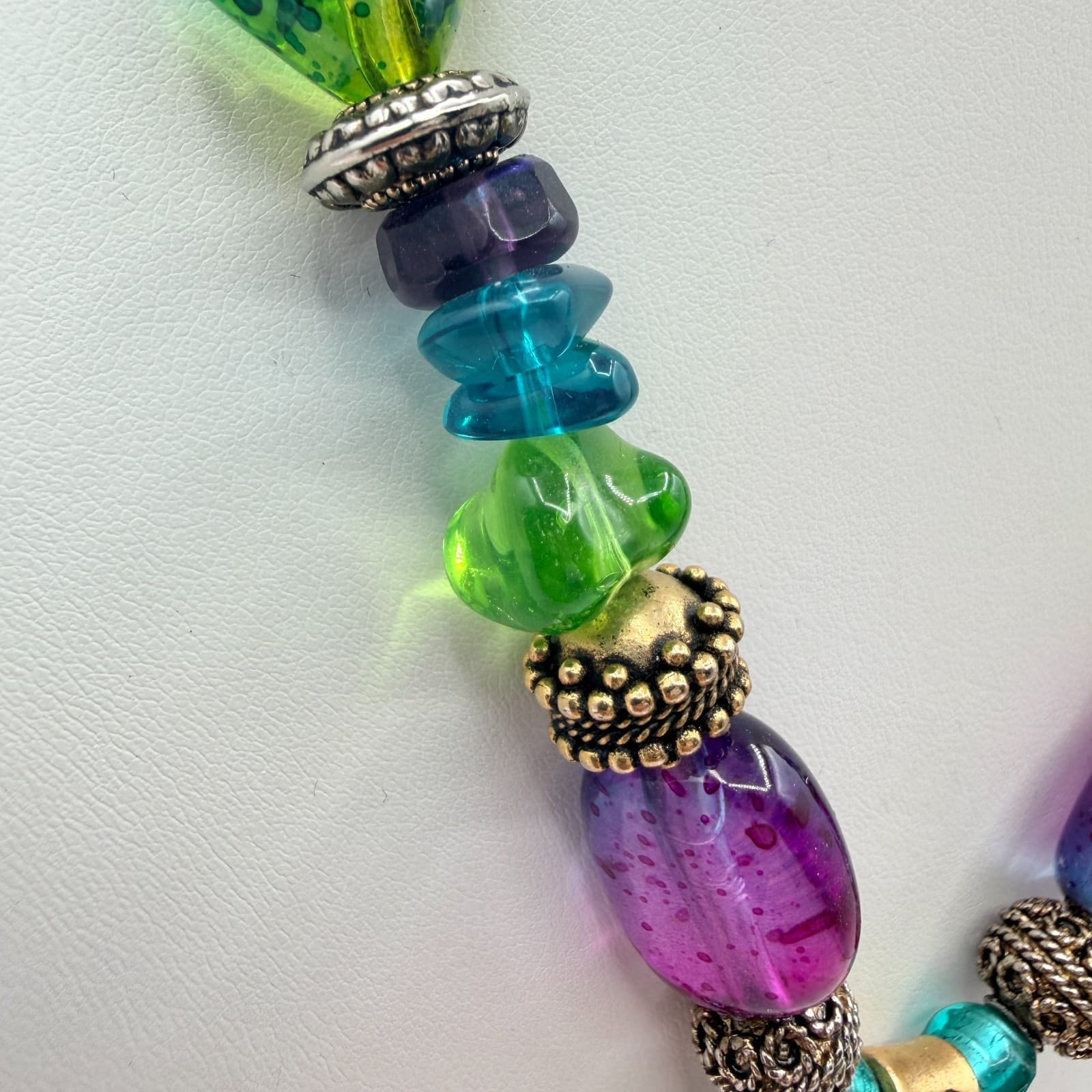 Chicos Gold Tone Art Glass Pendant Necklace Chunky Purple Green Foil Bead Boho - Thumbnail 6