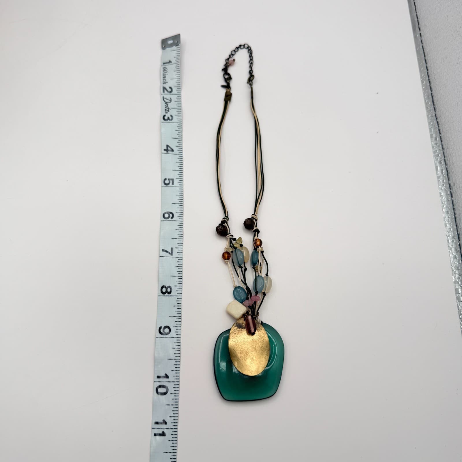 Vintage Gold Tone Seafoam Green Pendant Necklace Multi Strand Cord Beaded Boho - Thumbnail 8