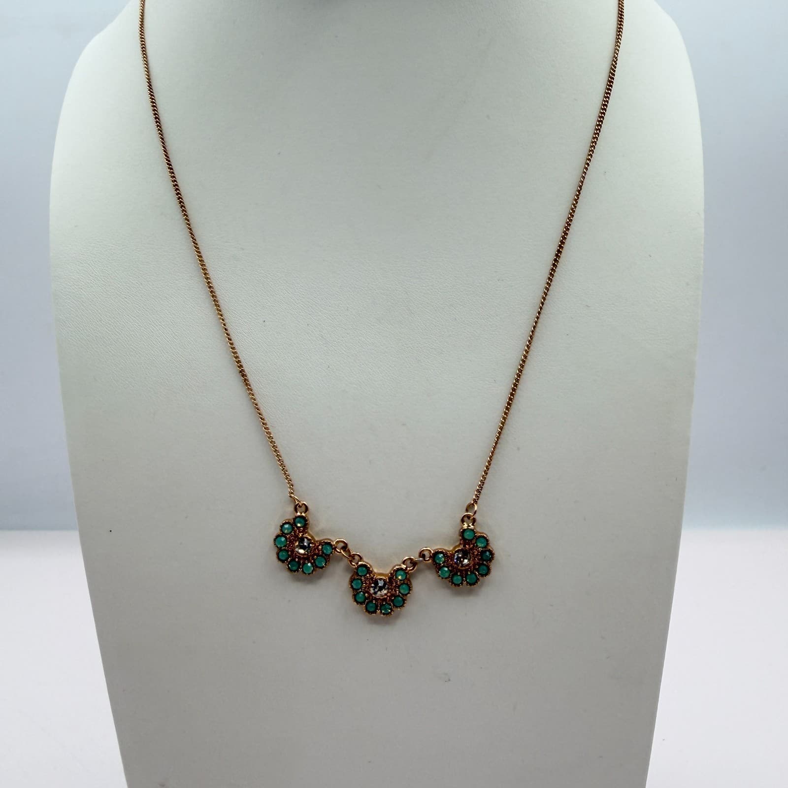 Vintage Gold Tone Triple Scallop Choker Necklace Mint Teal Beaded Rhinestone 90s - Thumbnail 3