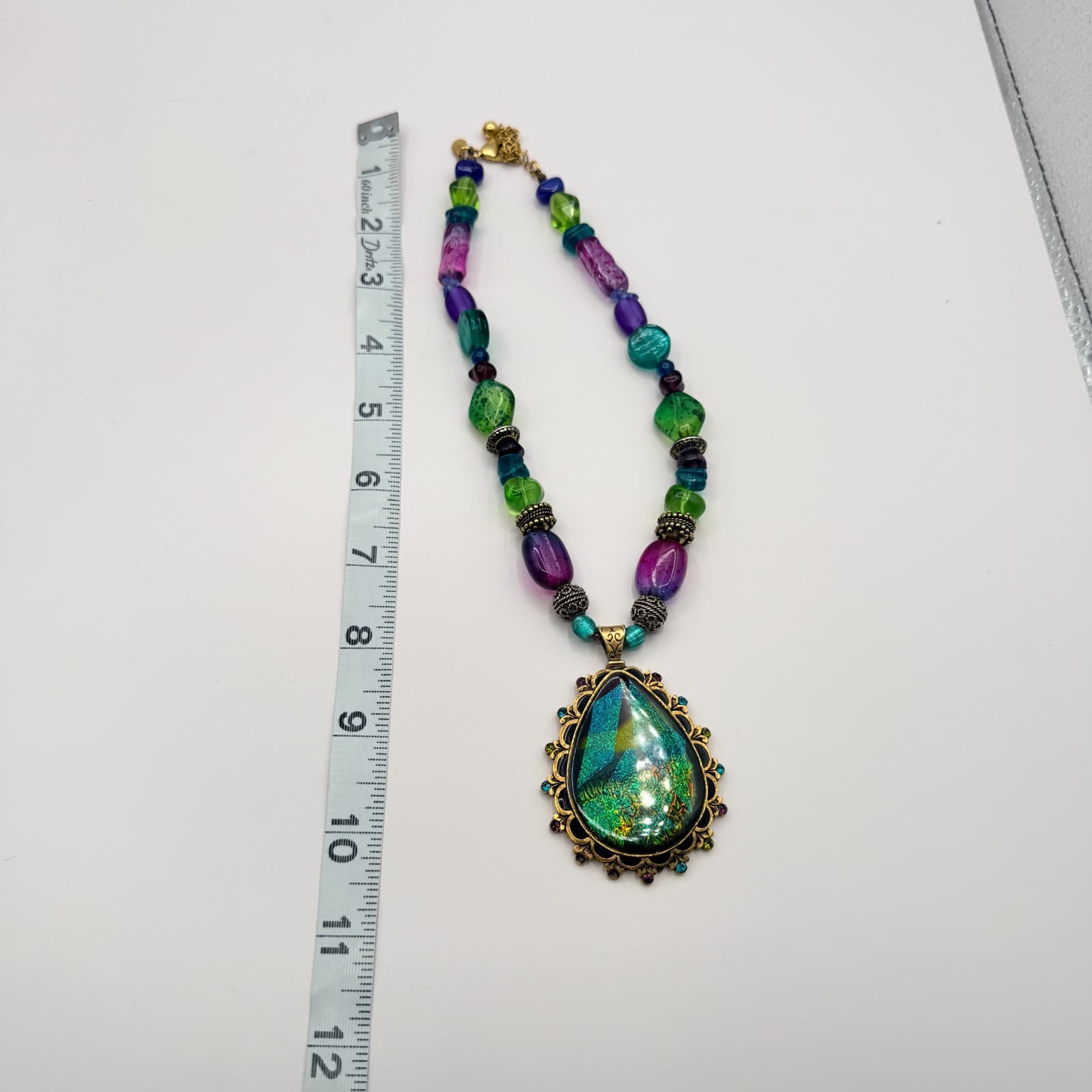 Chicos Gold Tone Art Glass Pendant Necklace Chunky Purple Green Foil Bead Boho - Thumbnail 10