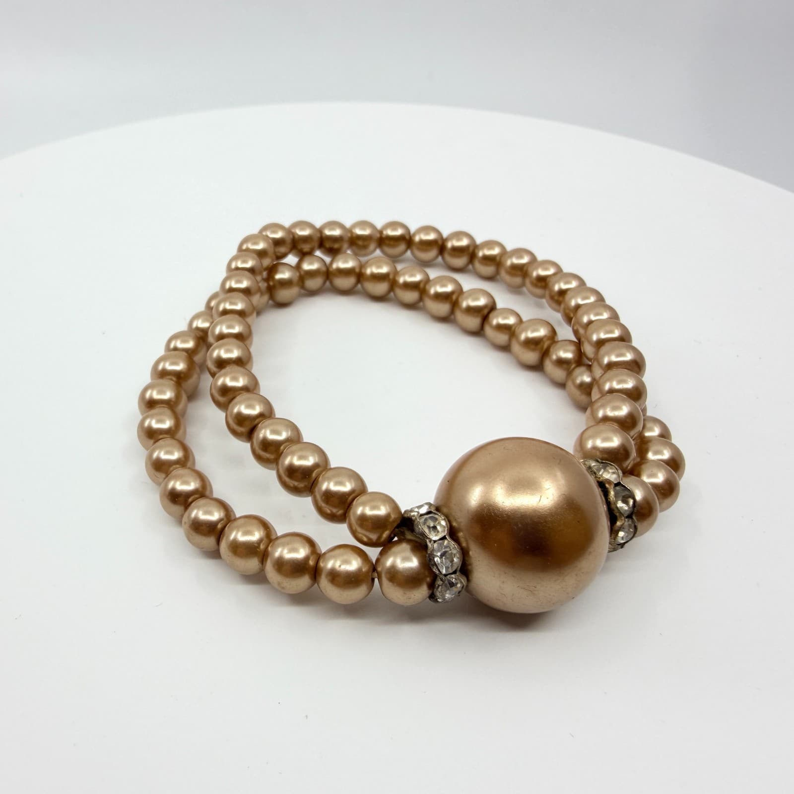 Vintage Champagne Faux Pearl Double Strand Stretch Bracelet Statement Rondelle