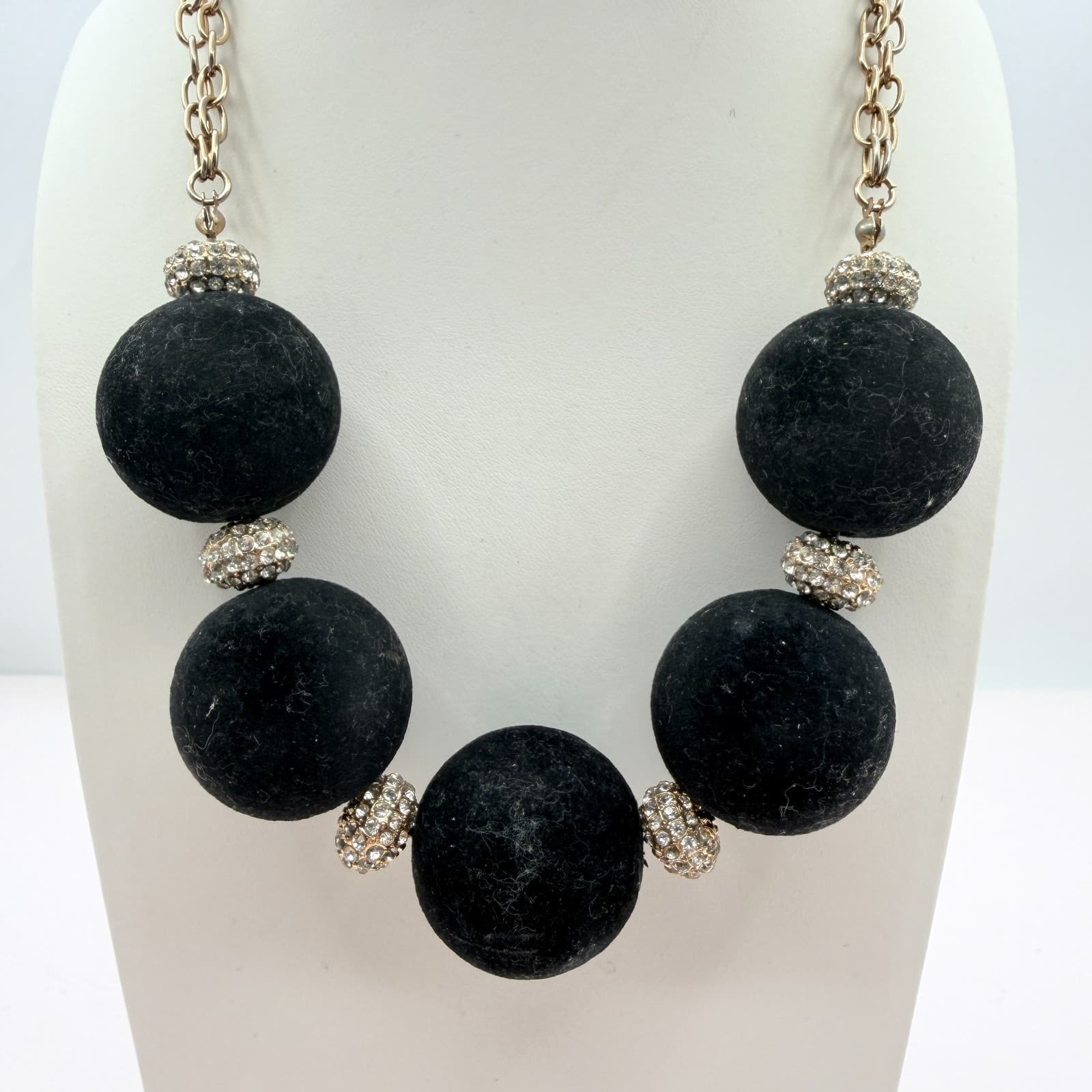 Vintage Gold Tone Chunky Black Bead Necklace Large Round Statement Rhinestone