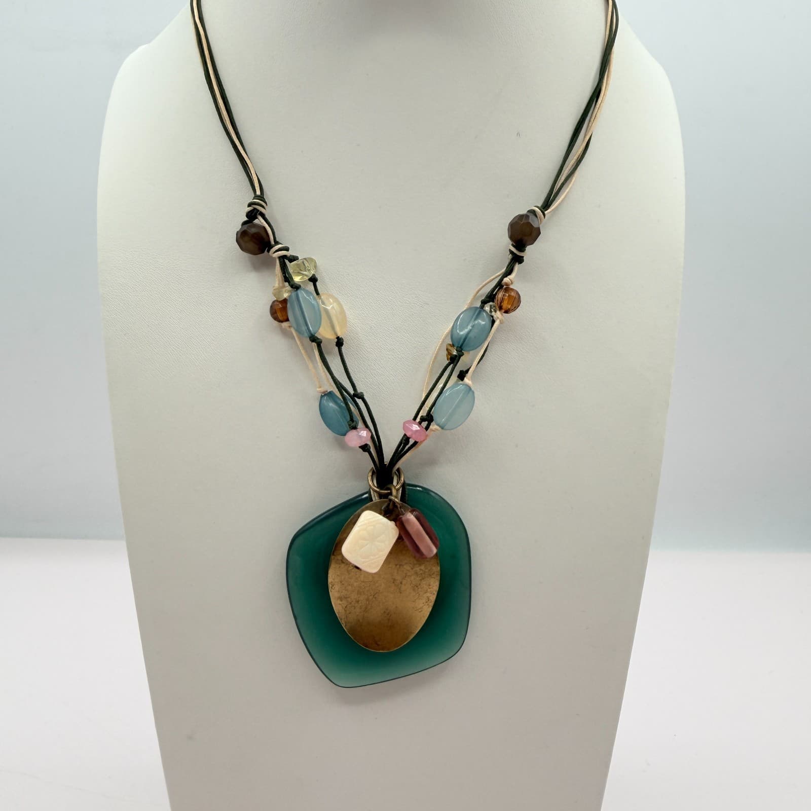 Vintage Gold Tone Seafoam Green Pendant Necklace Multi Strand Cord Beaded Boho - Thumbnail 3