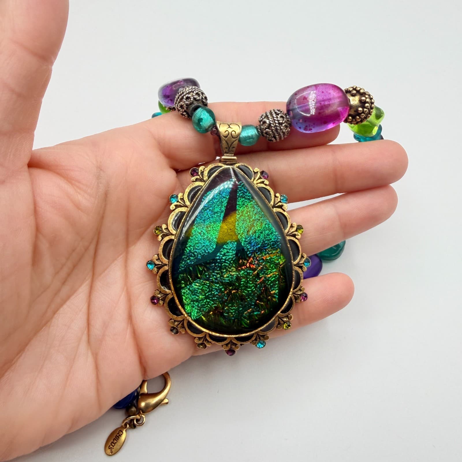 Chicos Gold Tone Art Glass Pendant Necklace Chunky Purple Green Foil Bead Boho - Thumbnail 9