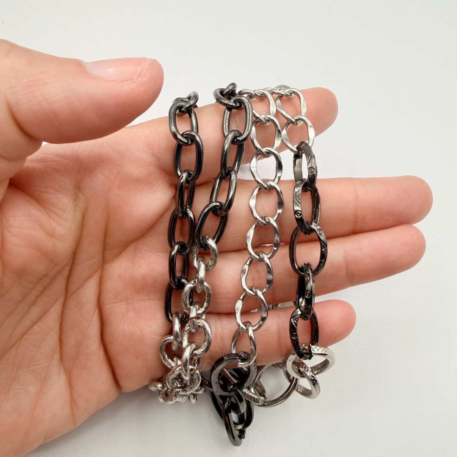 Vintage Silver Tone Two Tone Layered Multi Chain Necklace Textured Chunky Link - Thumbnail 9