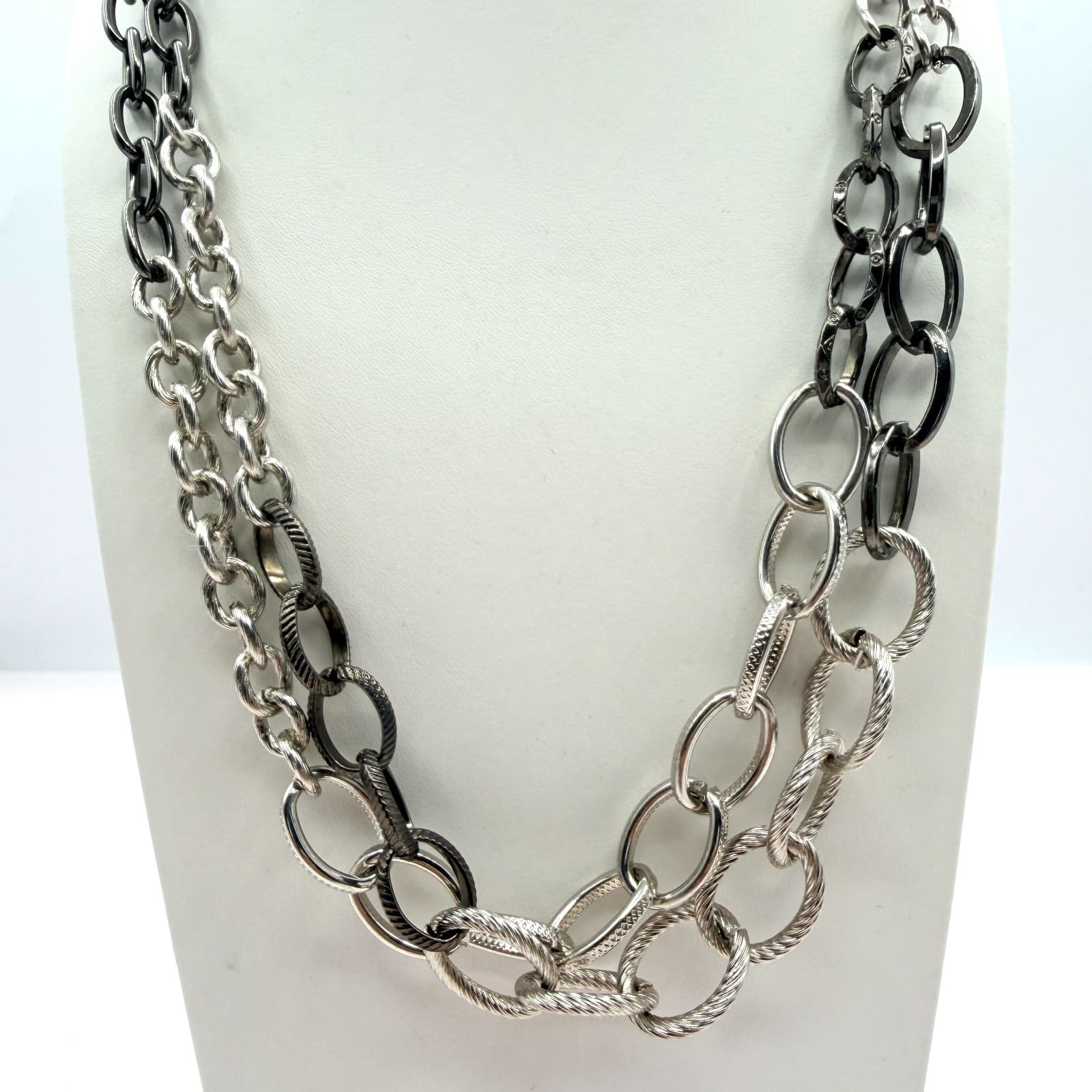 Vintage Silver Tone Two Tone Layered Multi Chain Necklace Textured Chunky Link