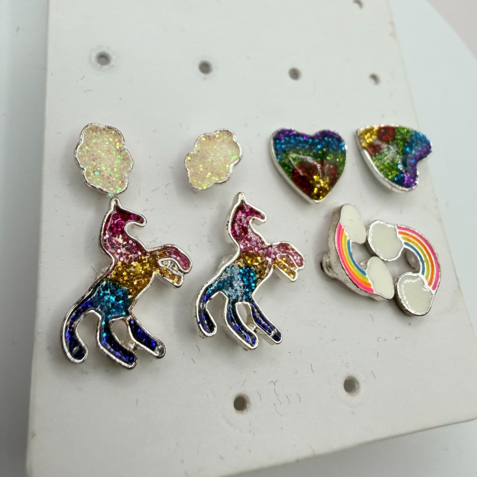 Vintage Silver Tone Unicorn Rainbow Earring Set Studs Glitter Enamel Lot Cute