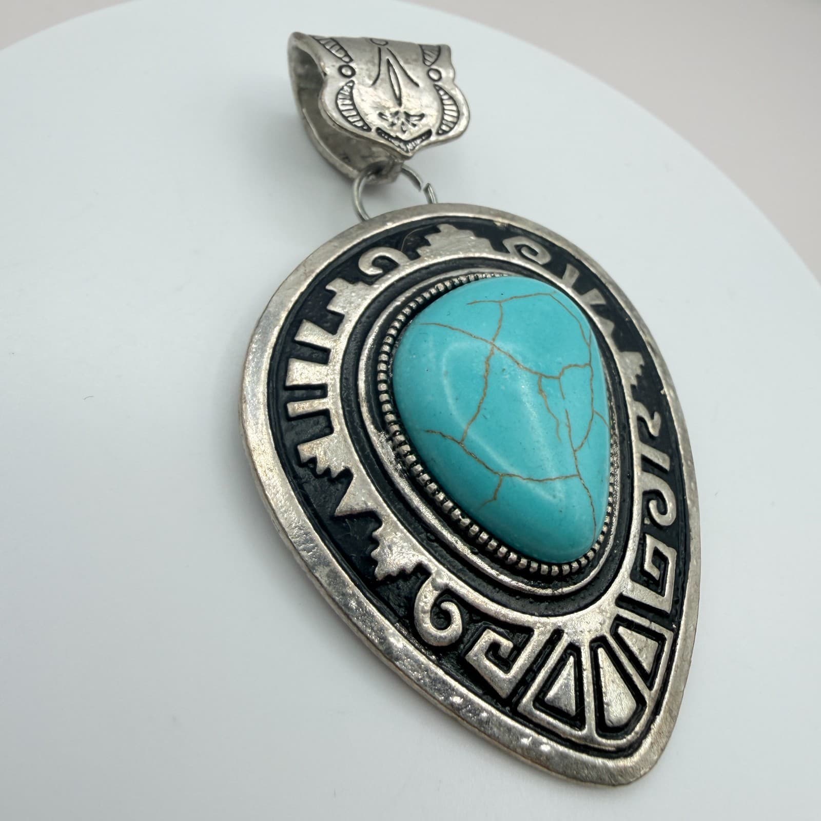 Vintage Silver Tone Western Pendant Faux Turquoise Teardrop Aztec Southwestern - Thumbnail 3