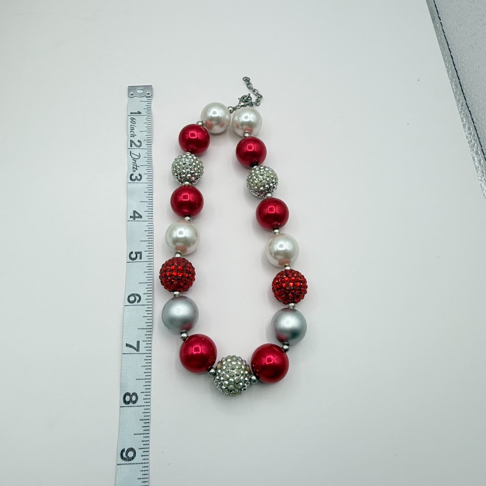 Vintage Chunky Bubblegum Bead Necklace Christmas Red Silver White Rhinestone 90s - Thumbnail 8