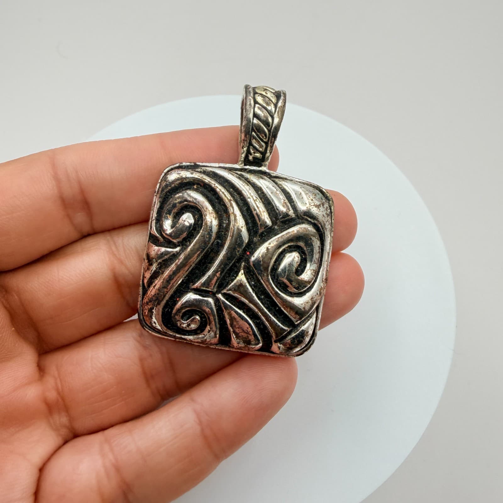 Vintage Silver Tone Scroll Square Pendant Abstract Swirl Geometric Tribal Boho - Thumbnail 6