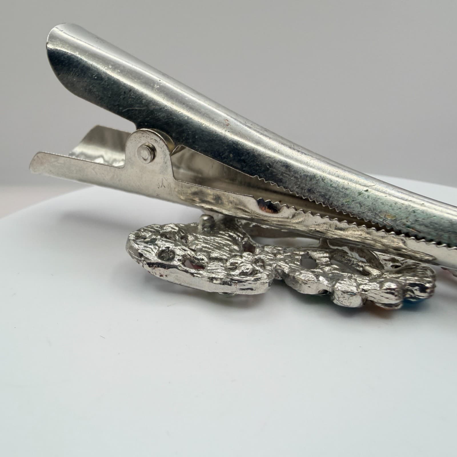 Vintage Silver Tone Butterfly Hair Clip Alligator Pin Rhinestone Colorful Retro - Thumbnail 5