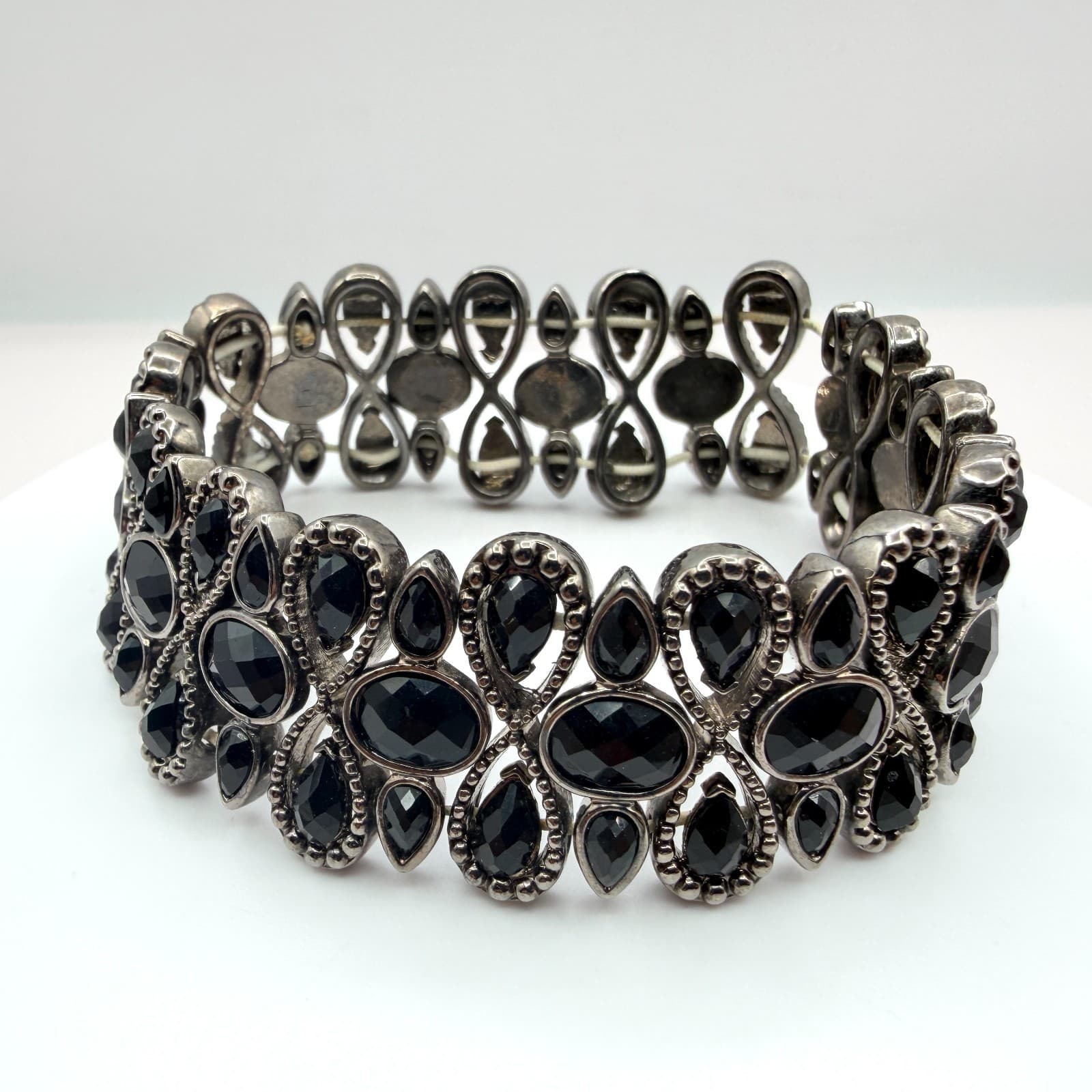 Vintage Gunmetal Tone Stretch Cuff Bracelet Black Rhinestone Teardrop Cluster