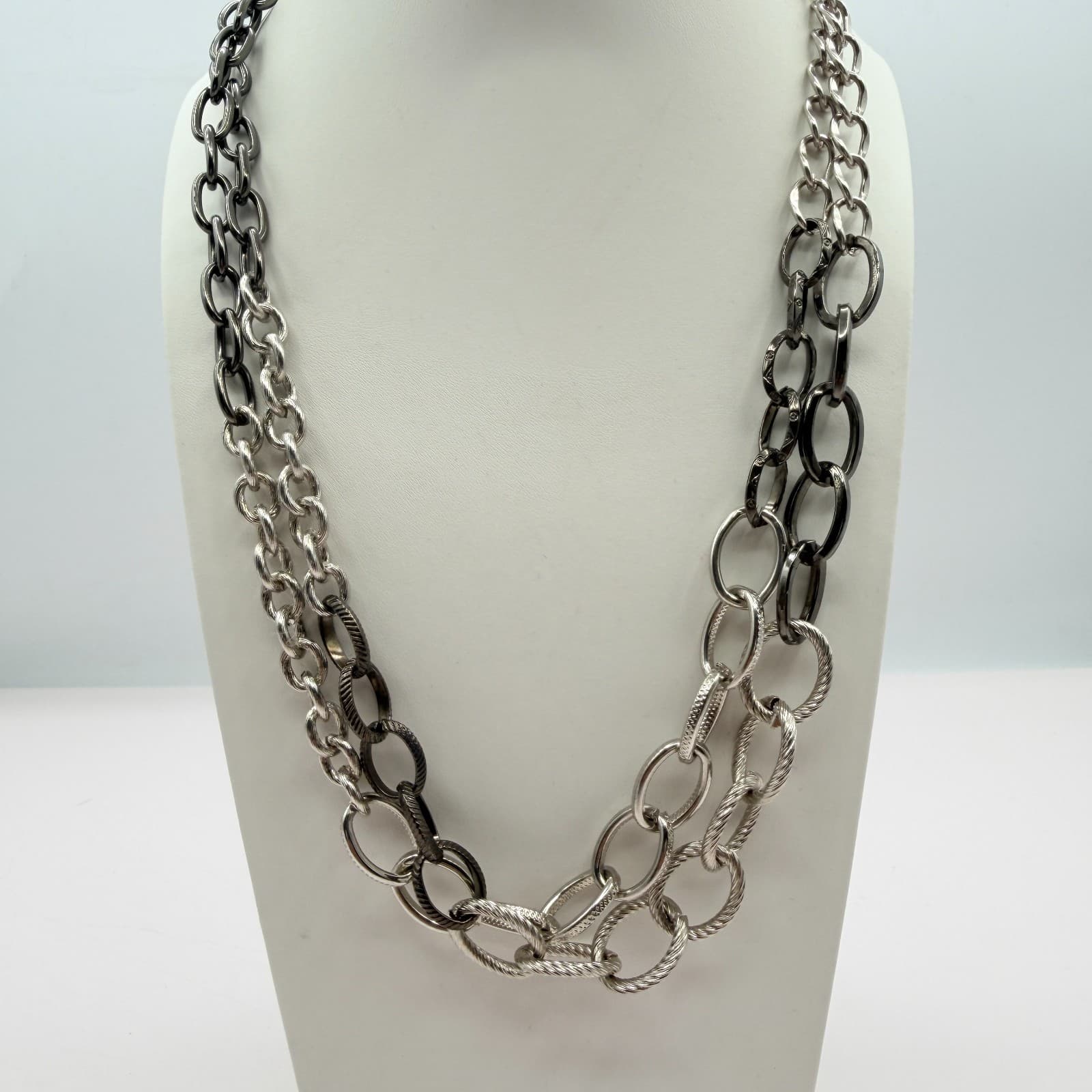 Vintage Silver Tone Two Tone Layered Multi Chain Necklace Textured Chunky Link - Thumbnail 3