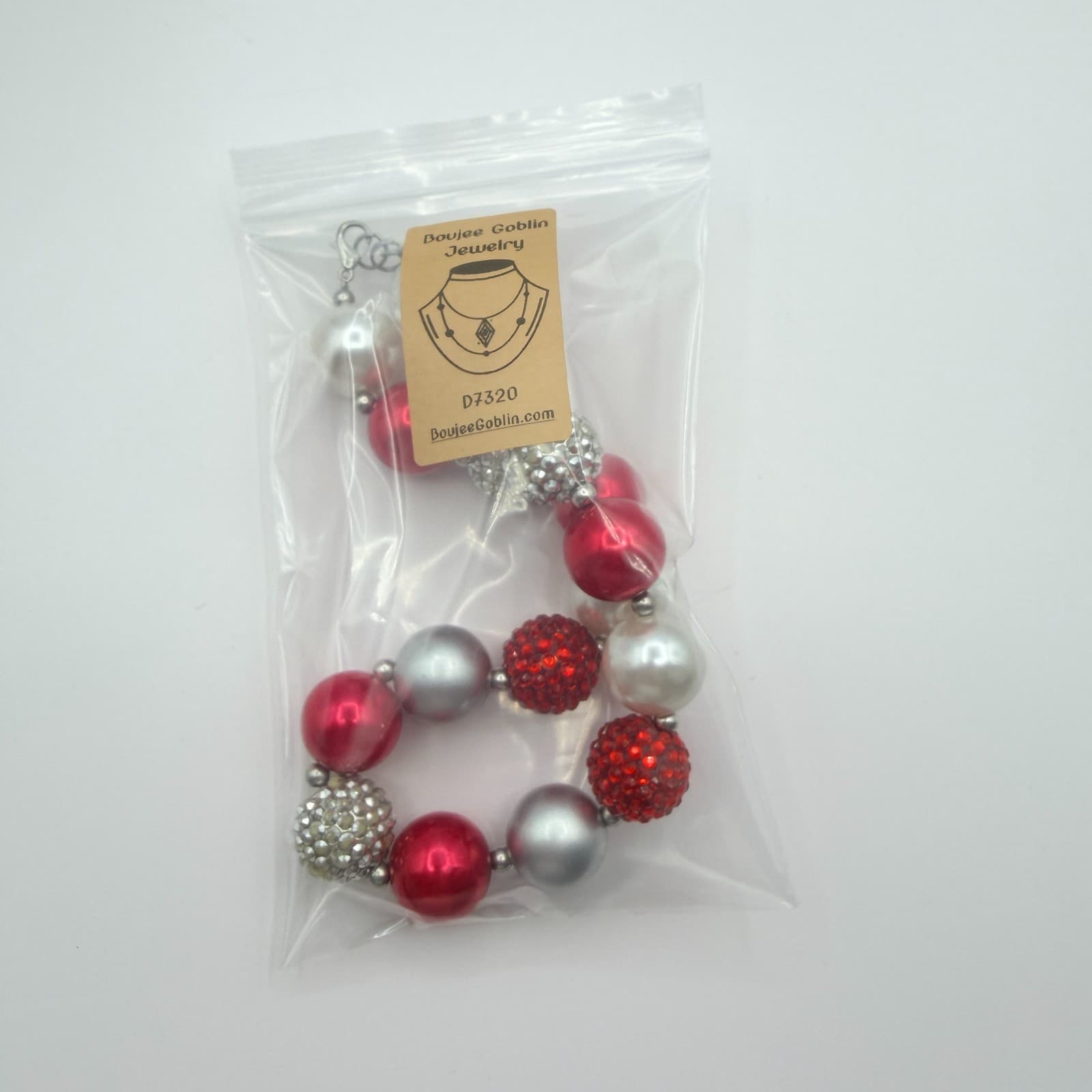 Vintage Chunky Bubblegum Bead Necklace Christmas Red Silver White Rhinestone 90s - Thumbnail 9