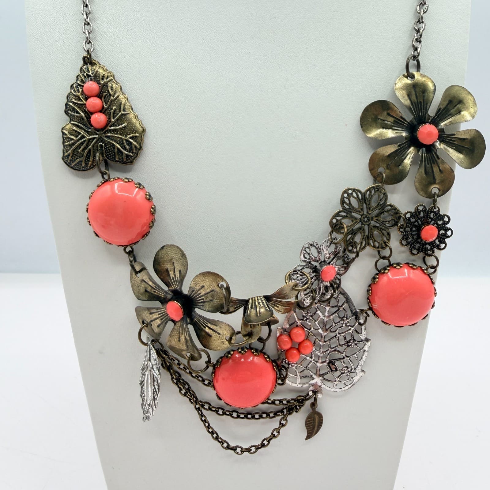 Vintage Bronze Tone Floral Bib Necklace Statement Orange Faux Coral Bead Boho - Thumbnail 6