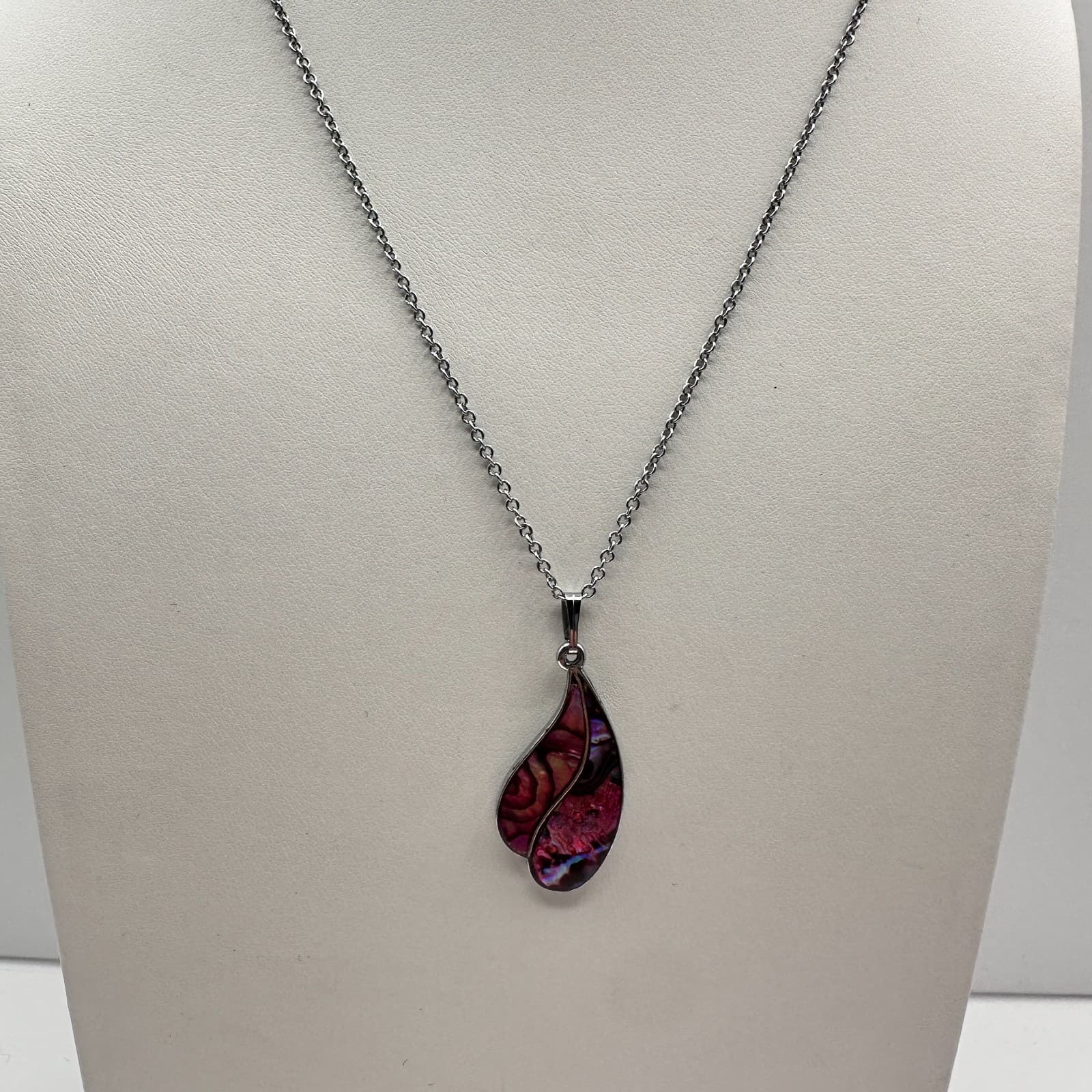 Vintage 90s Pink Abalone Shell Teardrop Pendant Necklace Silver Tone Jewelry - Thumbnail 4