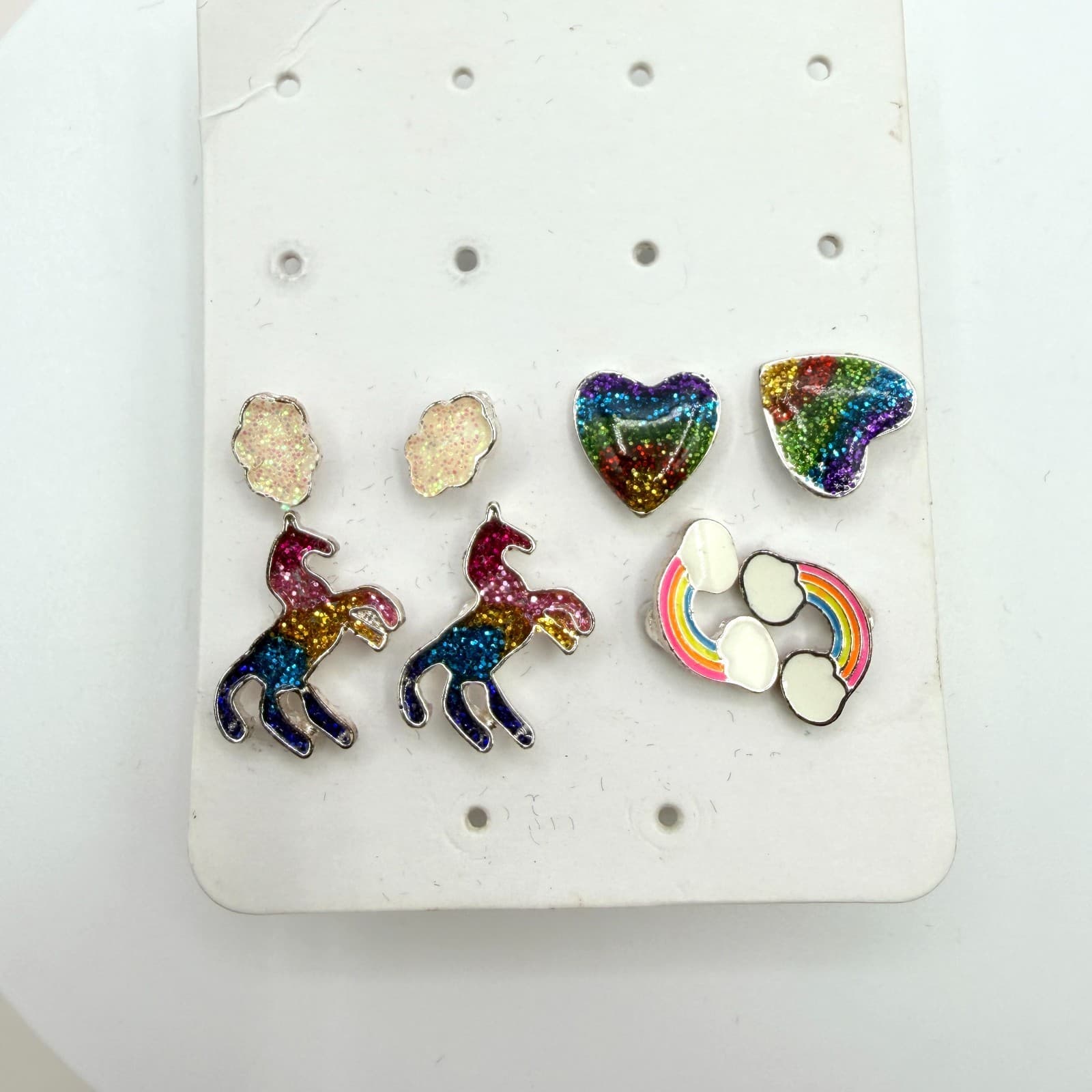 Vintage Silver Tone Unicorn Rainbow Earring Set Studs Glitter Enamel Lot Cute - Thumbnail 2