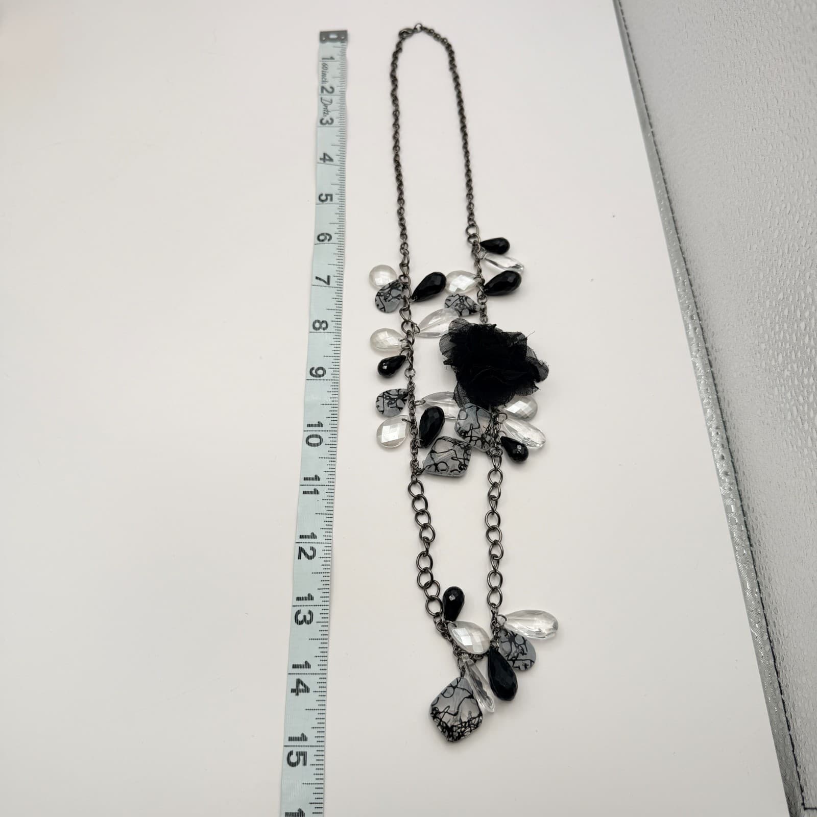 Vintage Gunmetal Tone Black Fabric Flower Necklace Beaded Clear Teardrop Boho - Thumbnail 9