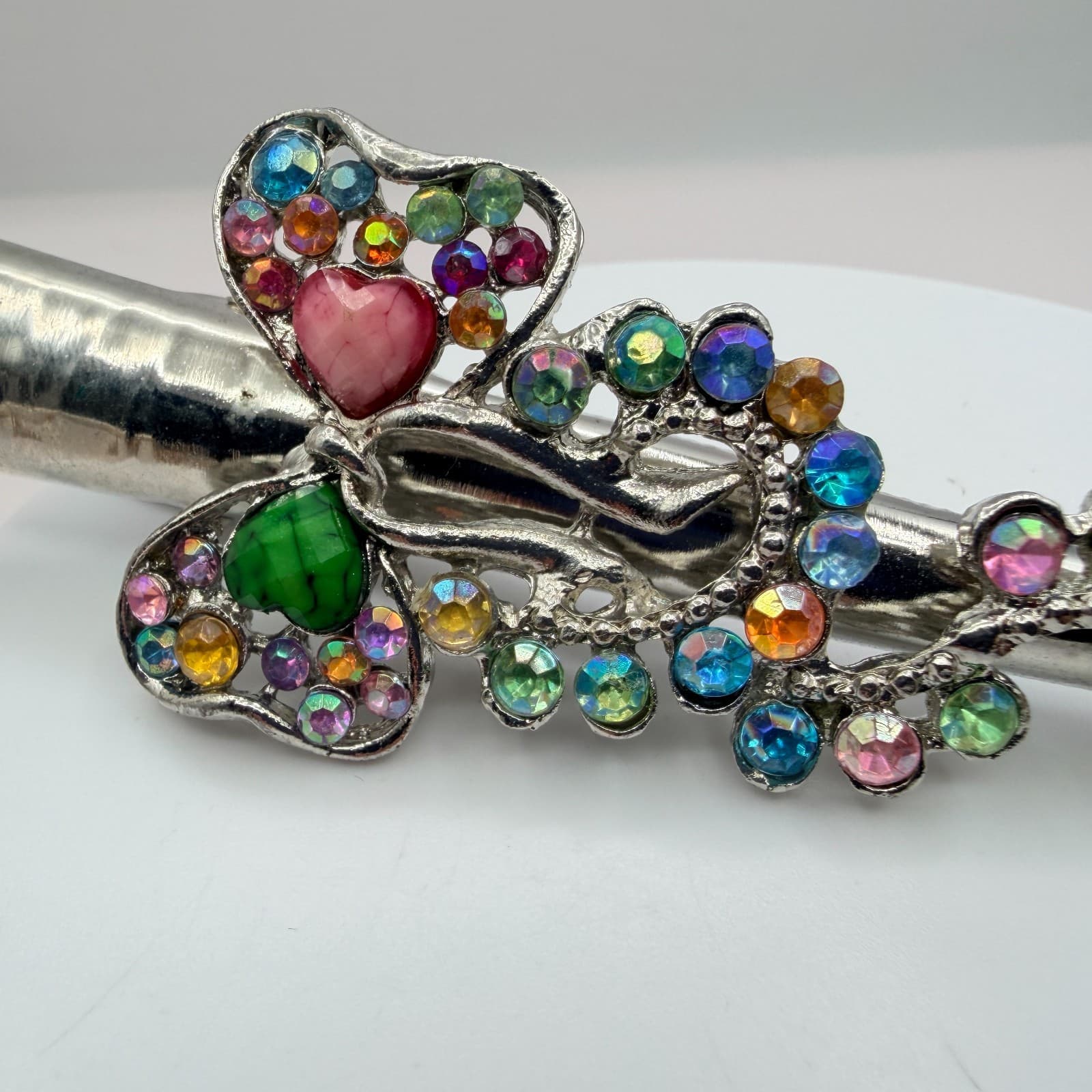 Vintage Silver Tone Butterfly Hair Clip Alligator Pin Rhinestone Colorful Retro - Thumbnail 3
