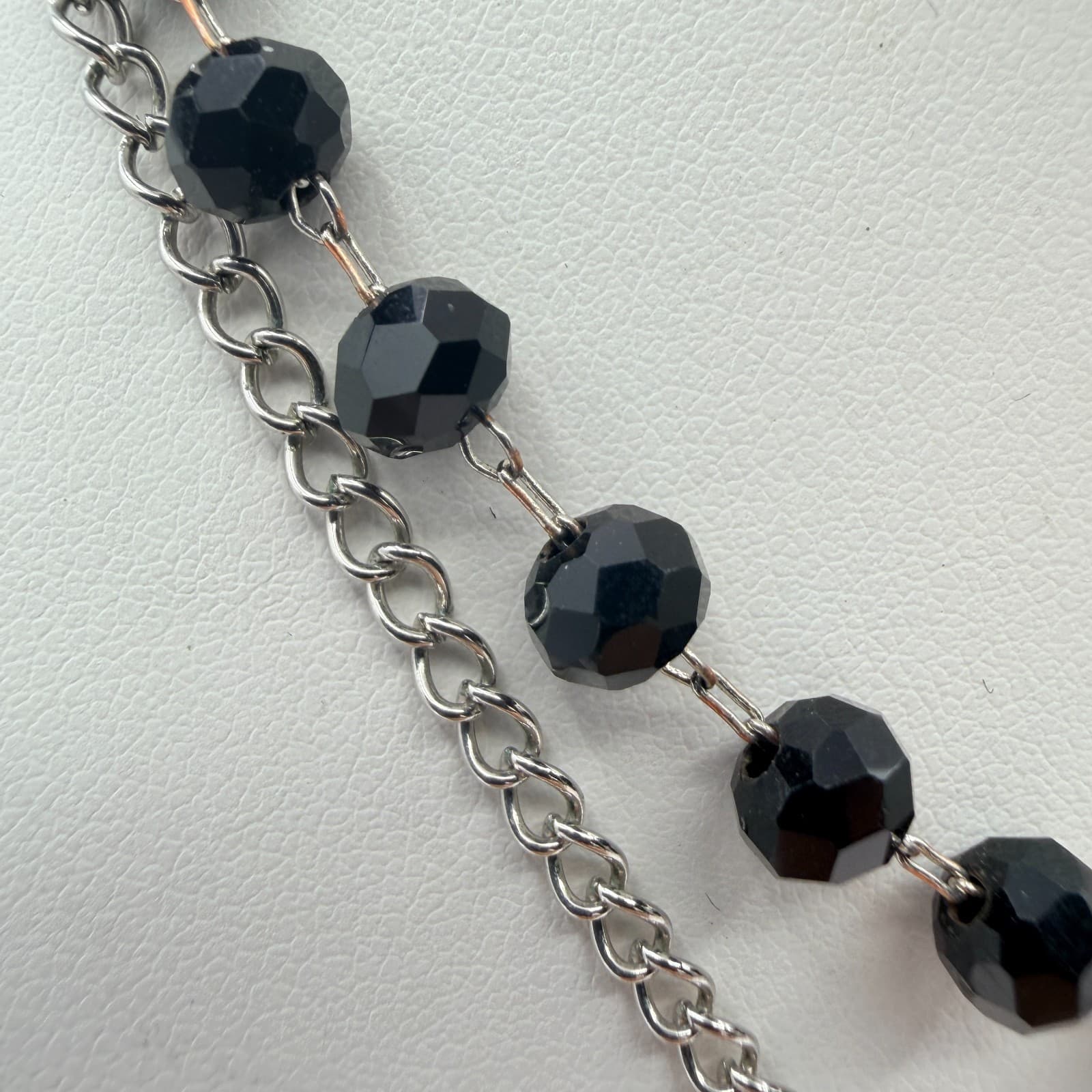 Vintage Silver Tone Black Beaded Layered Necklace Pendant Faceted Rhinestone 90s - Thumbnail 5