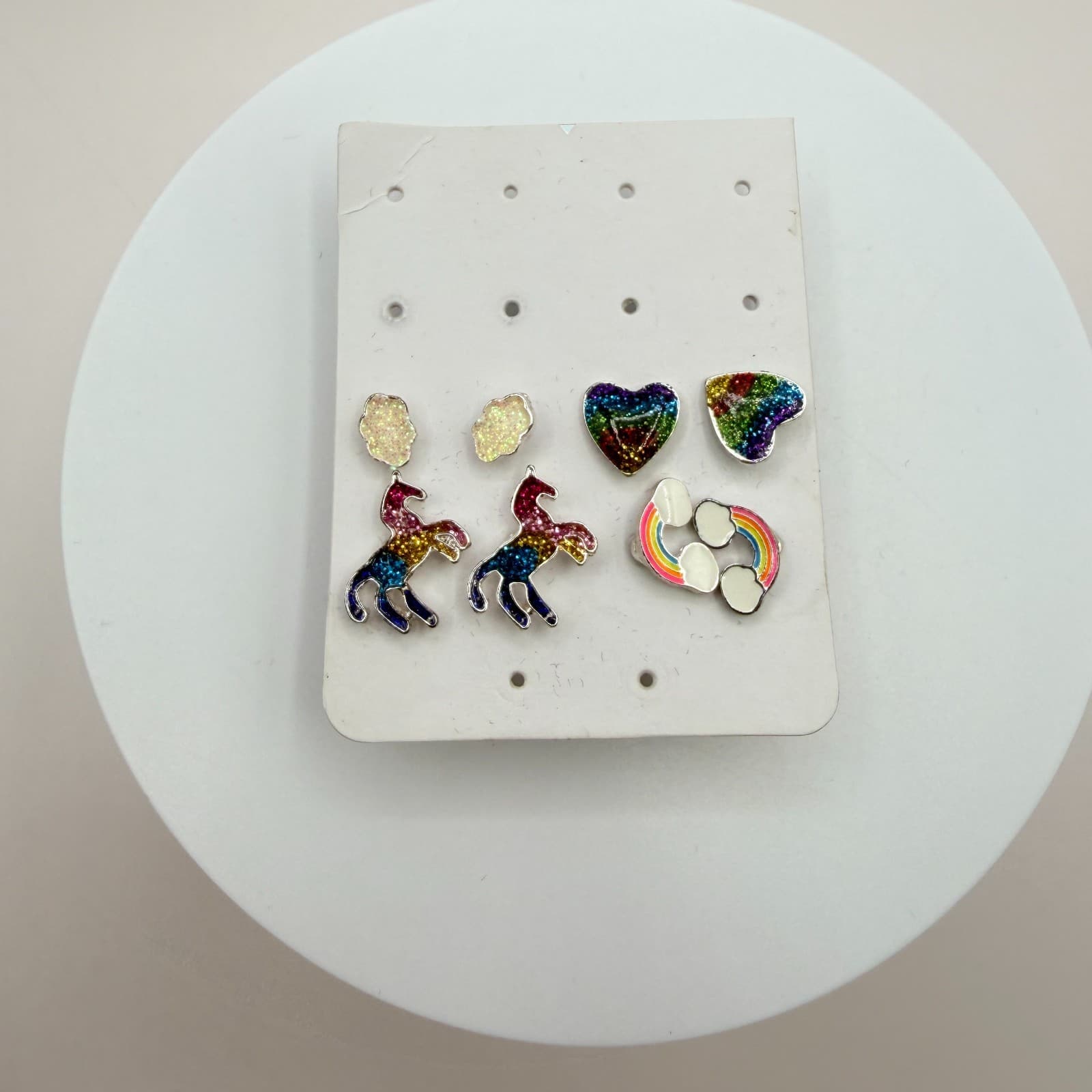 Vintage Silver Tone Unicorn Rainbow Earring Set Studs Glitter Enamel Lot Cute - Thumbnail 4
