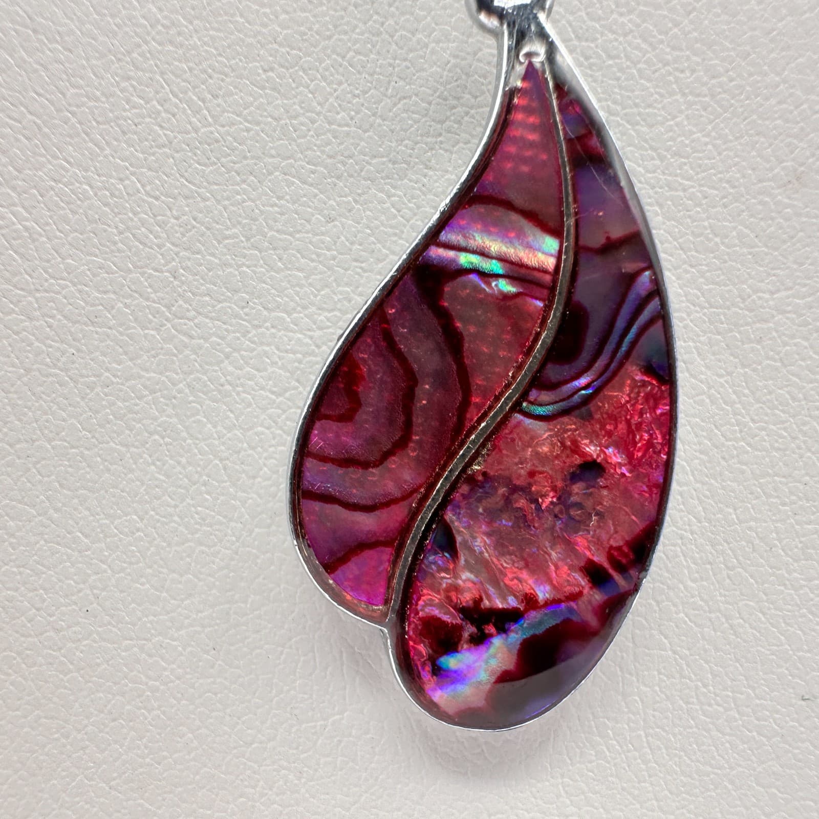 Vintage 90s Pink Abalone Shell Teardrop Pendant Necklace Silver Tone Jewelry - Thumbnail 2