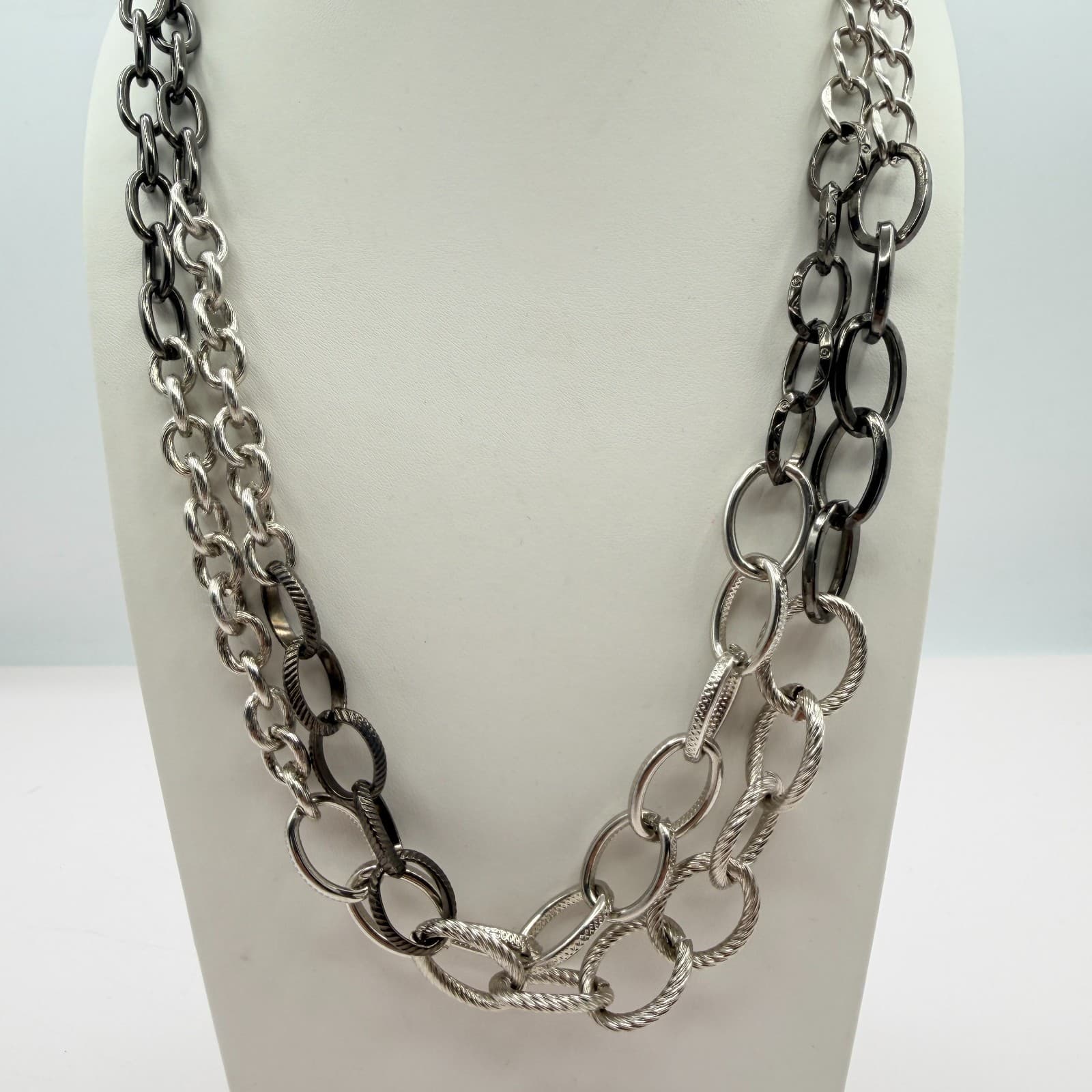 Vintage Silver Tone Two Tone Layered Multi Chain Necklace Textured Chunky Link - Thumbnail 2