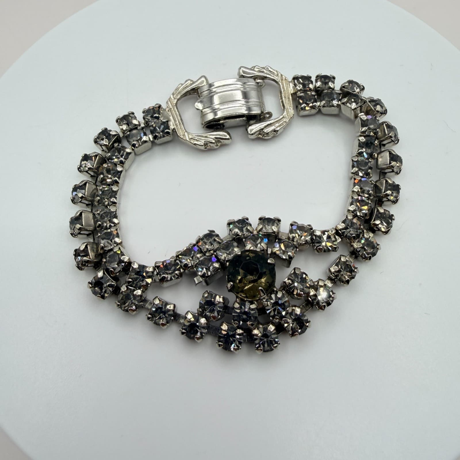 Vintage Silver Tone Rhinestone Bracelet Smoky Gray Multi Strand Cluster Retro - Thumbnail 2