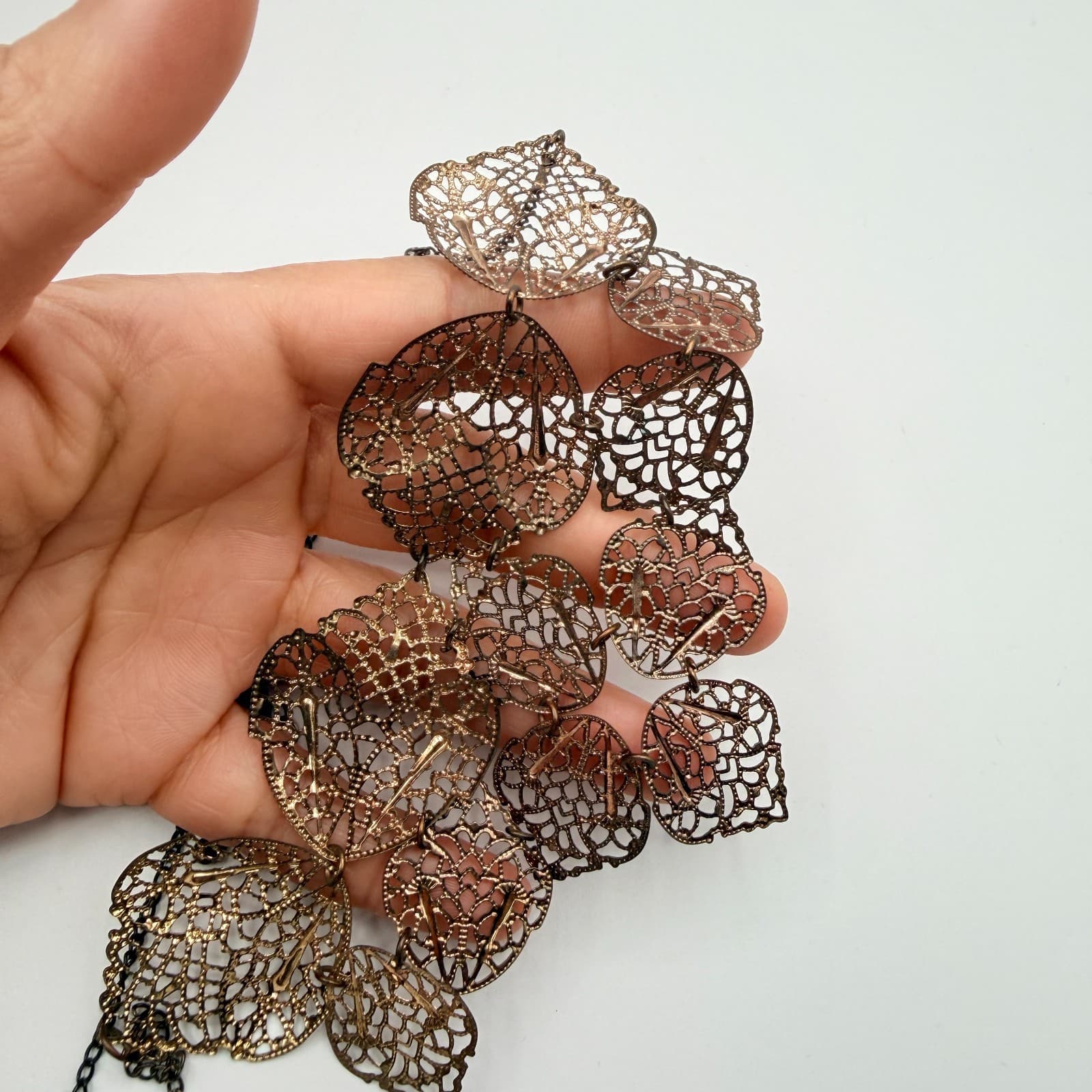 Vintage Bronze Tone Filigree Leaf Bib Necklace Statement Mesh Cutout Boho Retro - Thumbnail 8