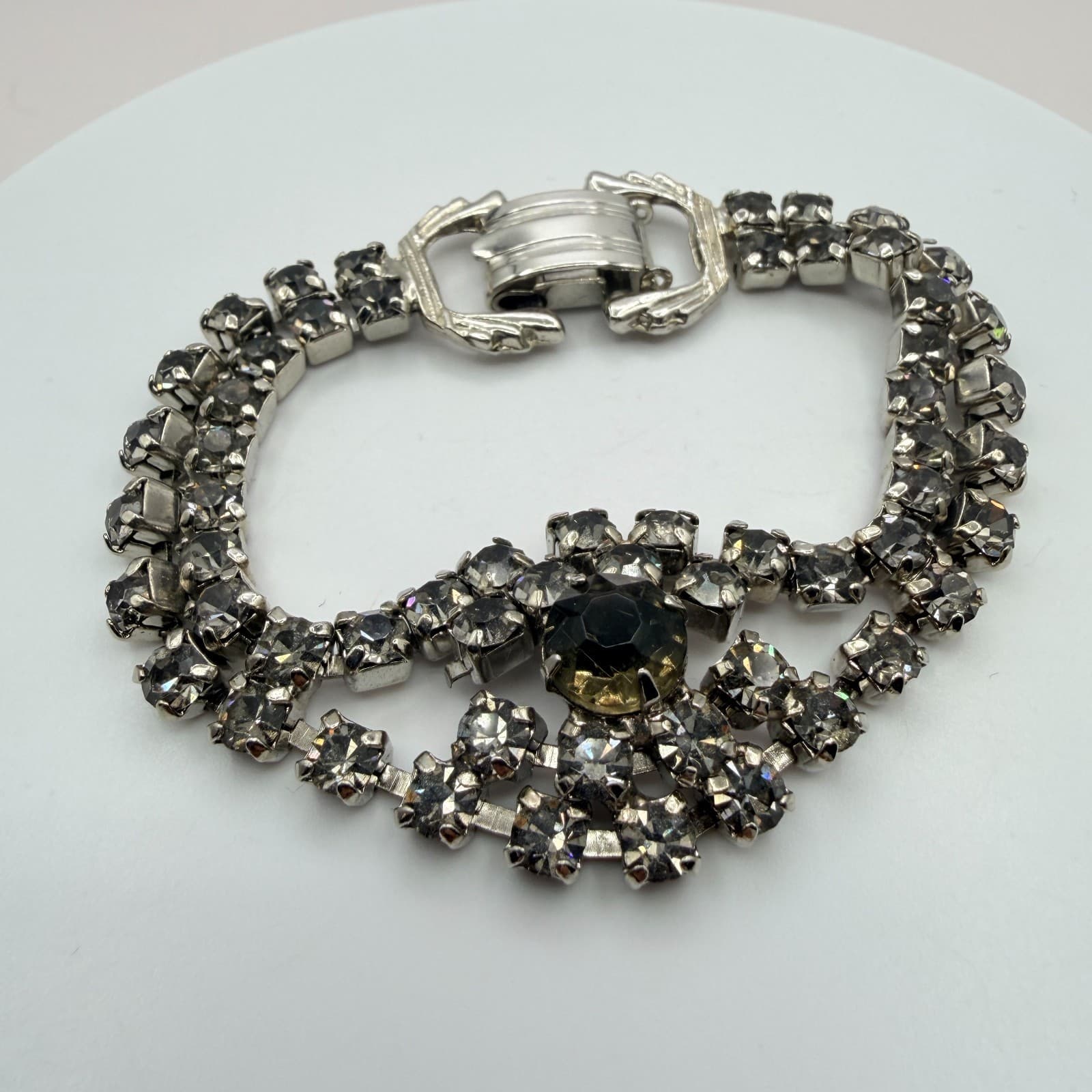 Vintage Silver Tone Rhinestone Bracelet Smoky Gray Multi Strand Cluster Retro - Thumbnail 3