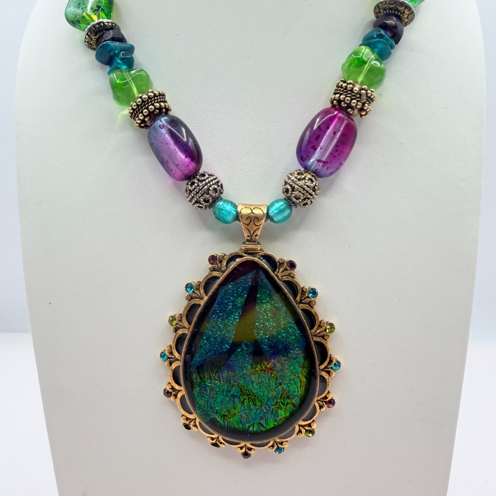 Chicos Gold Tone Art Glass Pendant Necklace Chunky Purple Green Foil Bead Boho - Thumbnail 4