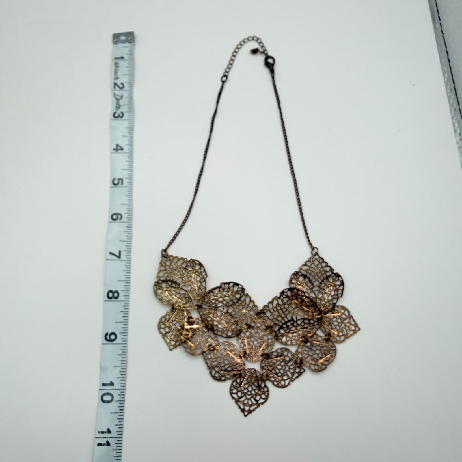Vintage Bronze Tone Filigree Leaf Bib Necklace Statement Mesh Cutout Boho Retro - Thumbnail 9