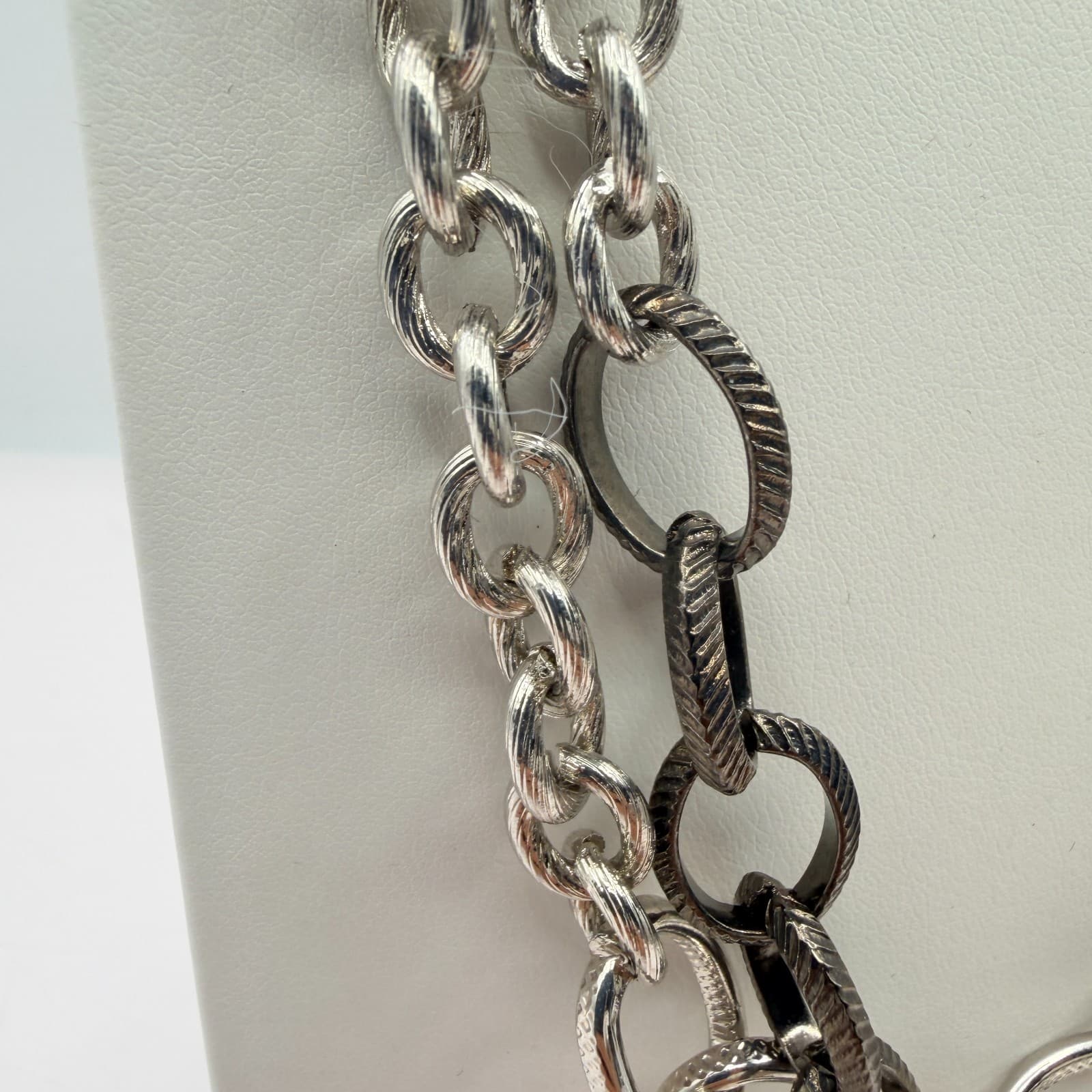 Vintage Silver Tone Two Tone Layered Multi Chain Necklace Textured Chunky Link - Thumbnail 4