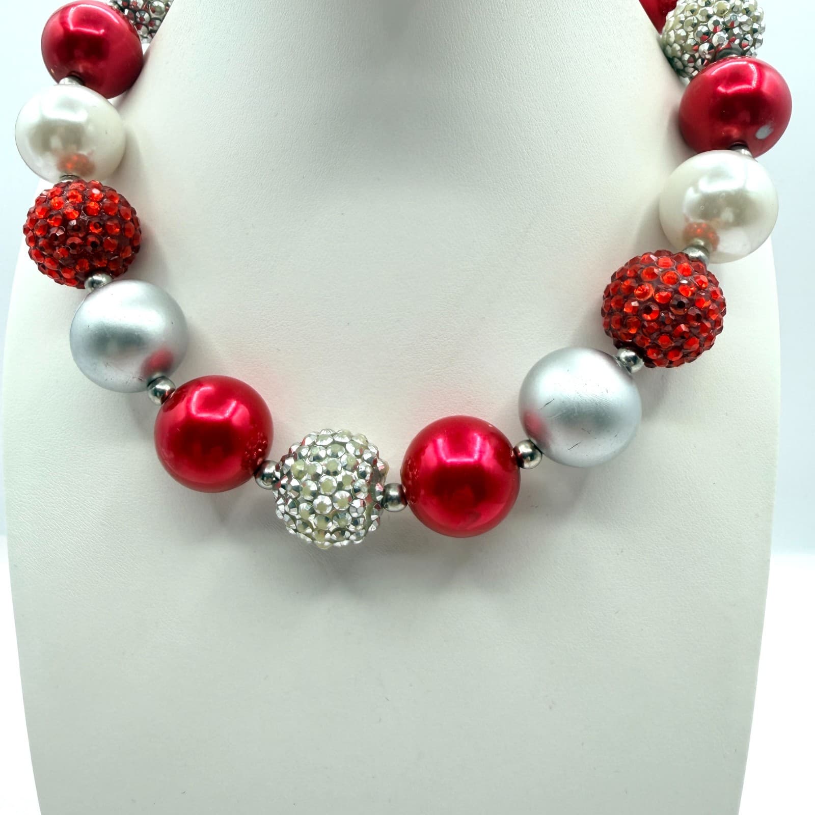 Vintage Chunky Bubblegum Bead Necklace Christmas Red Silver White Rhinestone 90s