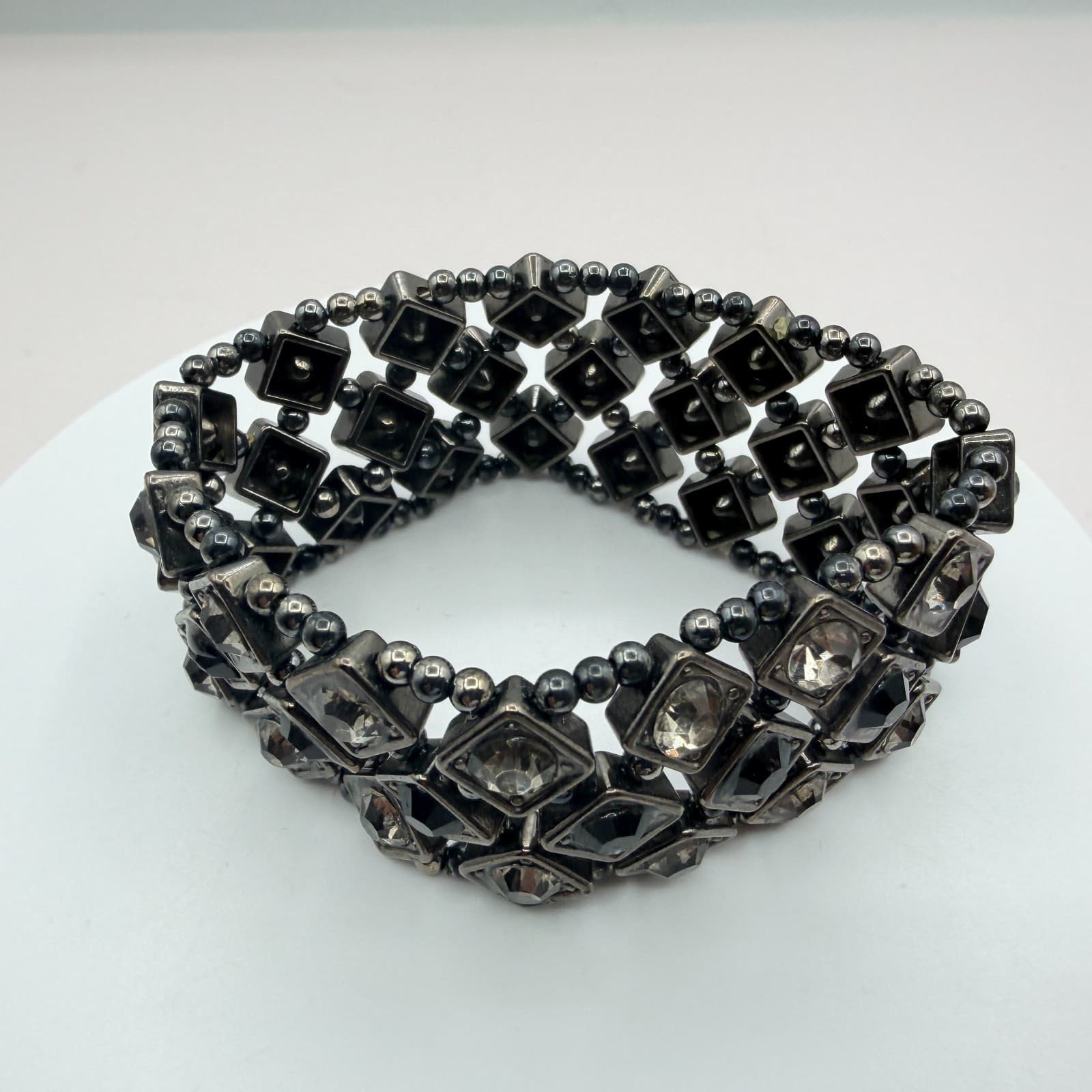 Vintage Gunmetal Tone Stretch Cuff Bracelet Black Rhinestone Clear Geometric 90s - Thumbnail 3