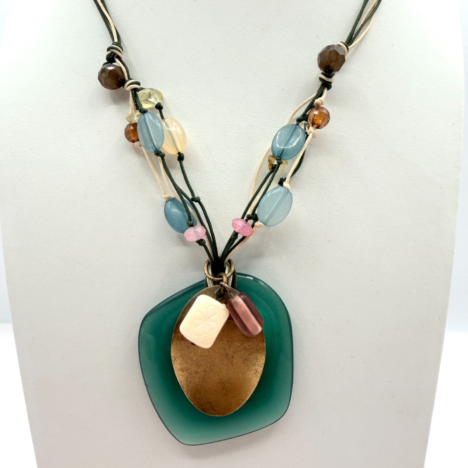 Vintage Gold Tone Seafoam Green Pendant Necklace Multi Strand Cord Beaded Boho