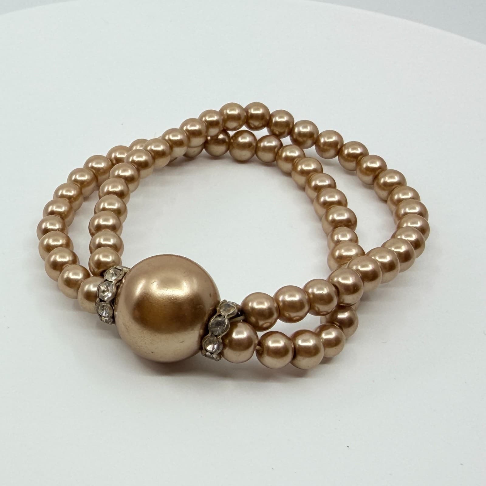 Vintage Champagne Faux Pearl Double Strand Stretch Bracelet Statement Rondelle - Thumbnail 6