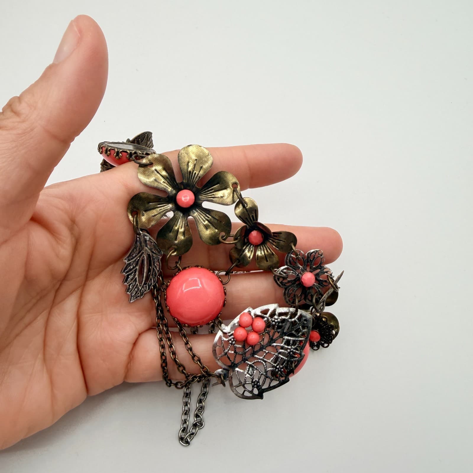 Vintage Bronze Tone Floral Bib Necklace Statement Orange Faux Coral Bead Boho - Thumbnail 8