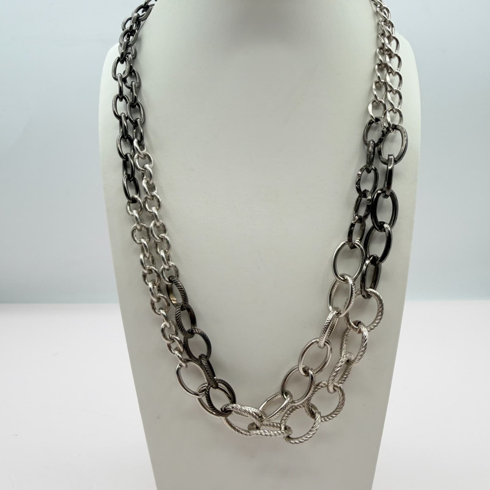 Vintage Silver Tone Two Tone Layered Multi Chain Necklace Textured Chunky Link - Thumbnail 8