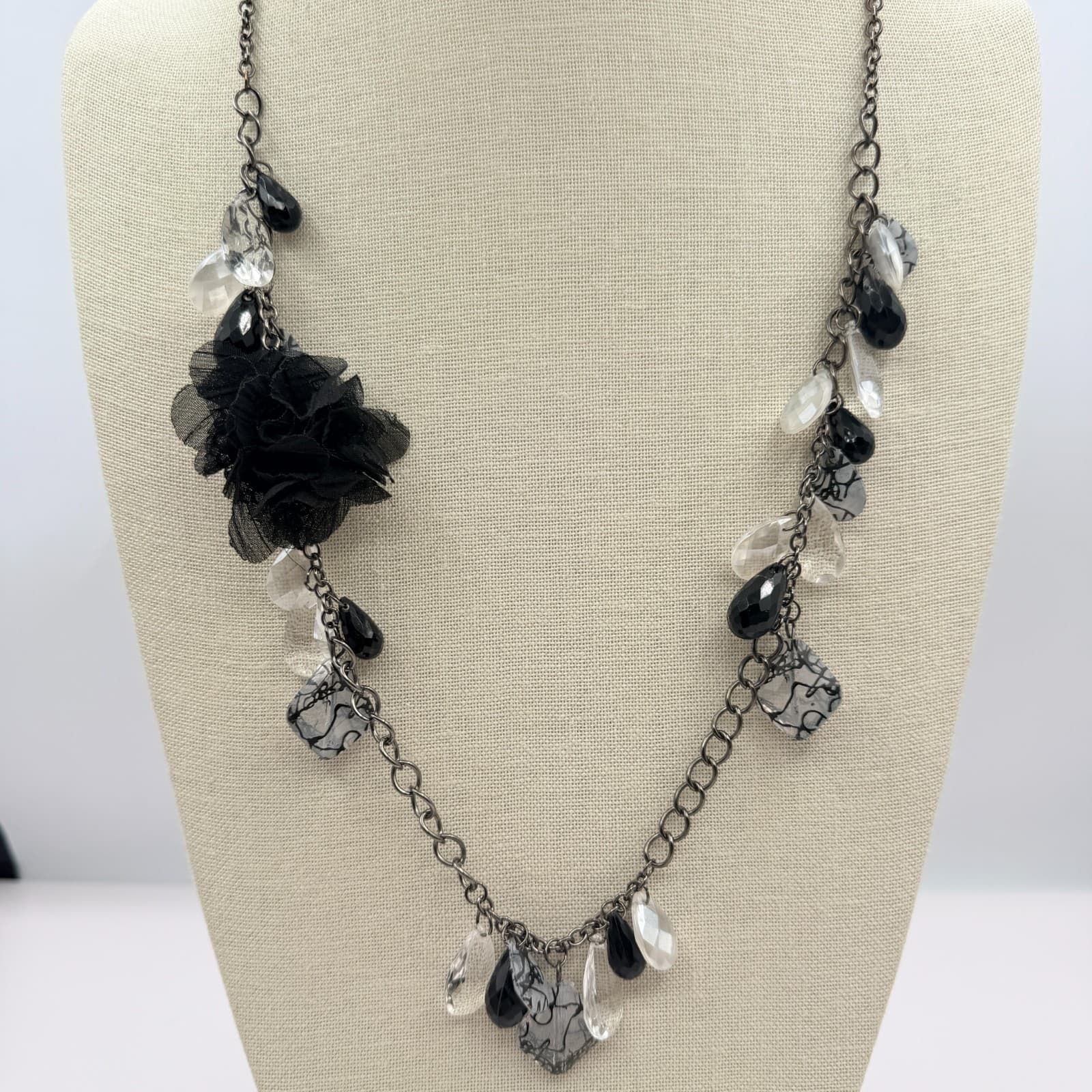 Vintage Gunmetal Tone Black Fabric Flower Necklace Beaded Clear Teardrop Boho - Thumbnail 7