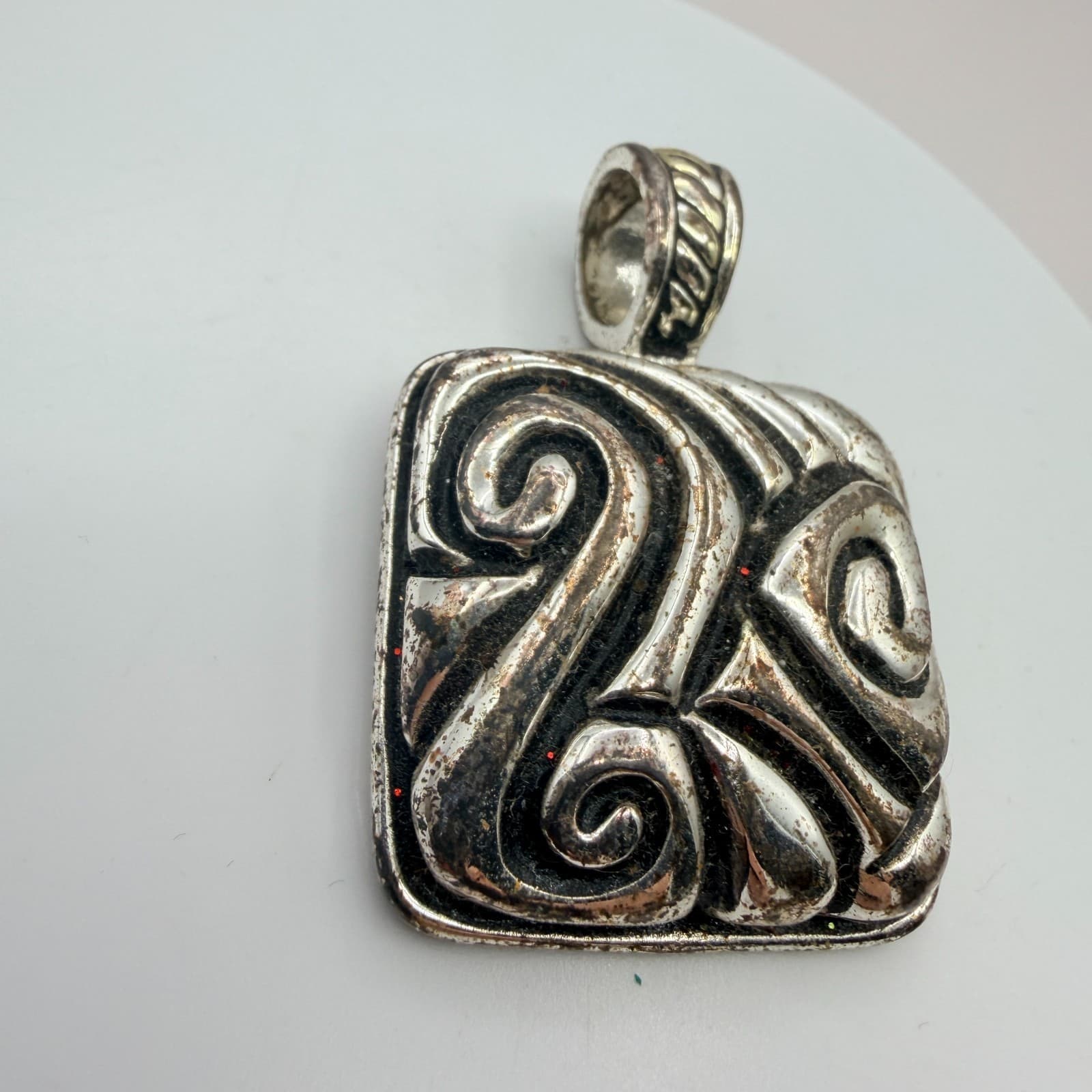 Vintage Silver Tone Scroll Square Pendant Abstract Swirl Geometric Tribal Boho - Thumbnail 3