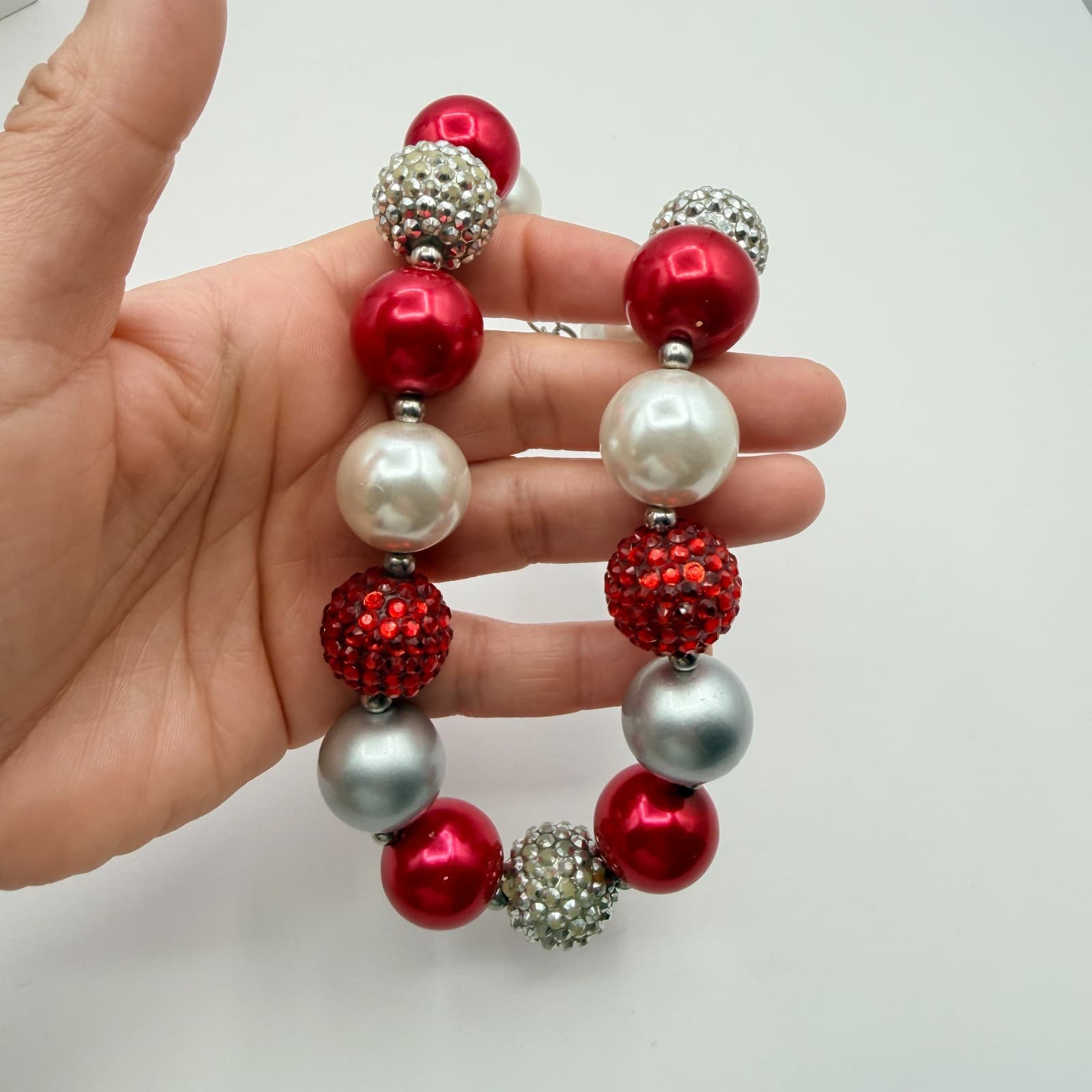 Vintage Chunky Bubblegum Bead Necklace Christmas Red Silver White Rhinestone 90s - Thumbnail 7