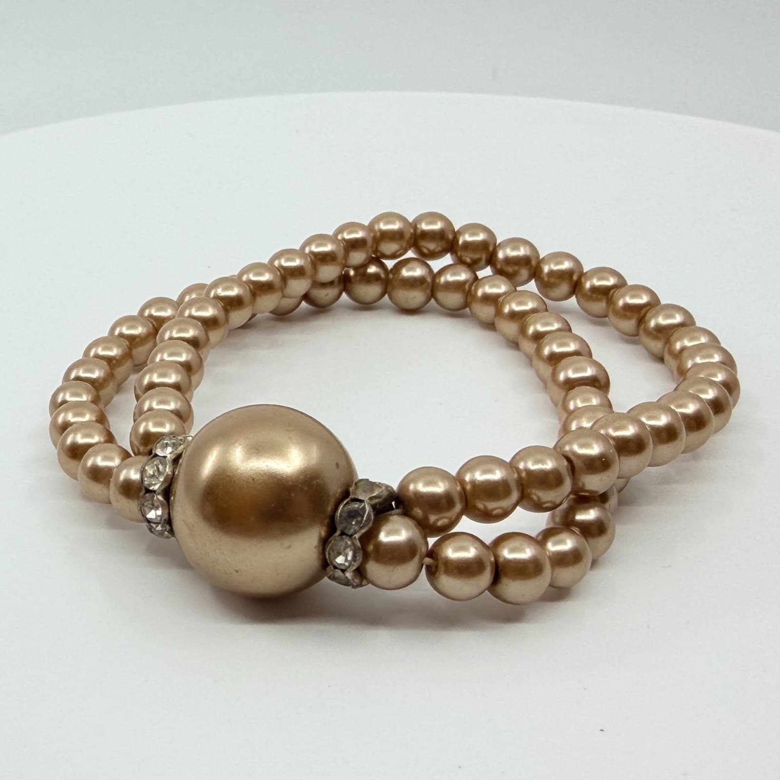 Vintage Champagne Faux Pearl Double Strand Stretch Bracelet Statement Rondelle - Thumbnail 5