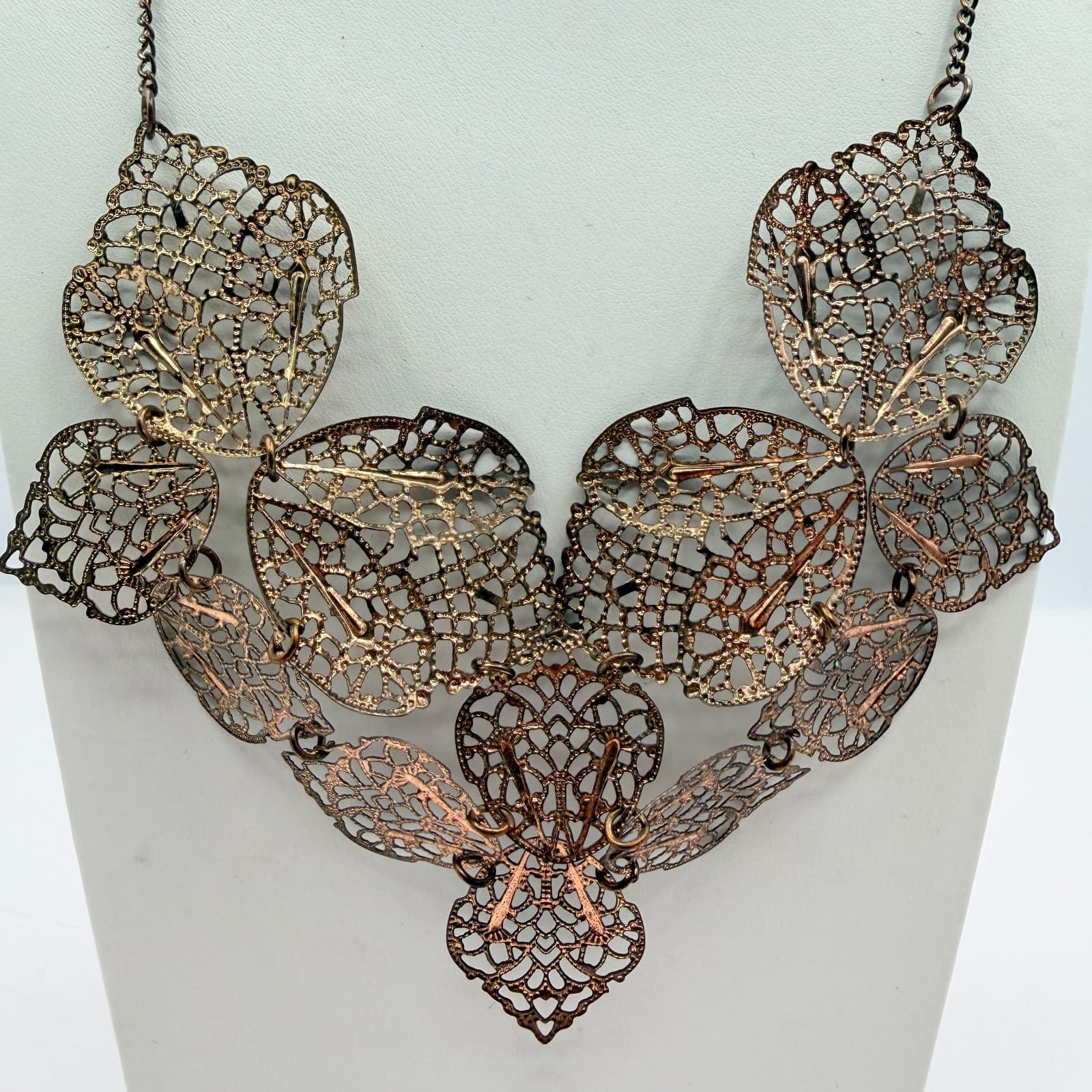 Vintage Bronze Tone Filigree Leaf Bib Necklace Statement Mesh Cutout Boho Retro - Thumbnail 4