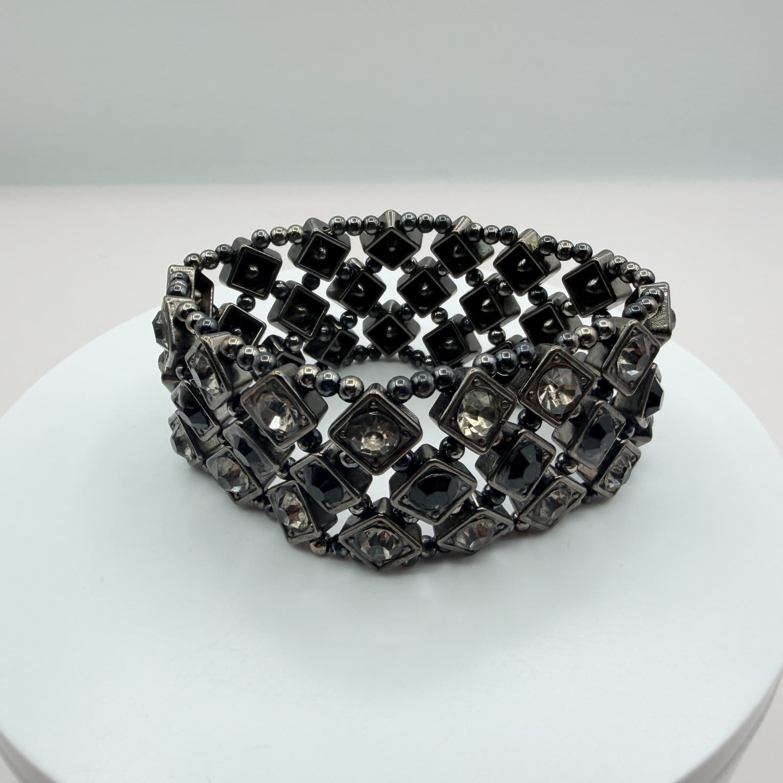 Vintage Gunmetal Tone Stretch Cuff Bracelet Black Rhinestone Clear Geometric 90s - Thumbnail 2