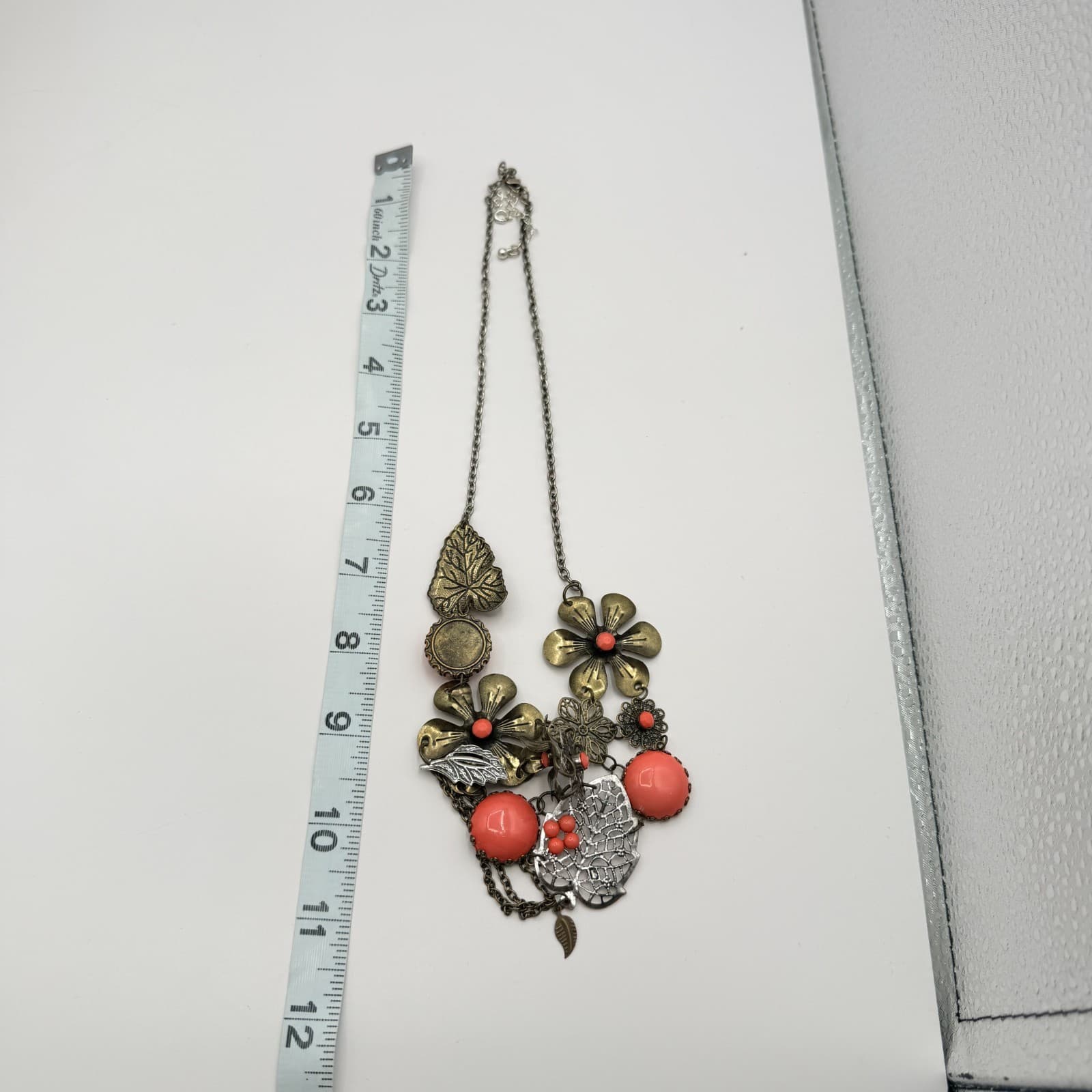 Vintage Bronze Tone Floral Bib Necklace Statement Orange Faux Coral Bead Boho - Thumbnail 9