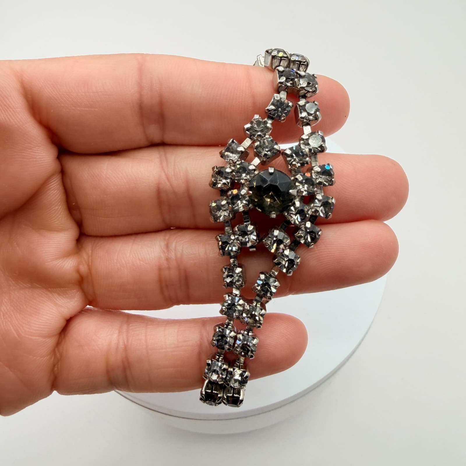 Vintage Silver Tone Rhinestone Bracelet Smoky Gray Multi Strand Cluster Retro - Thumbnail 6
